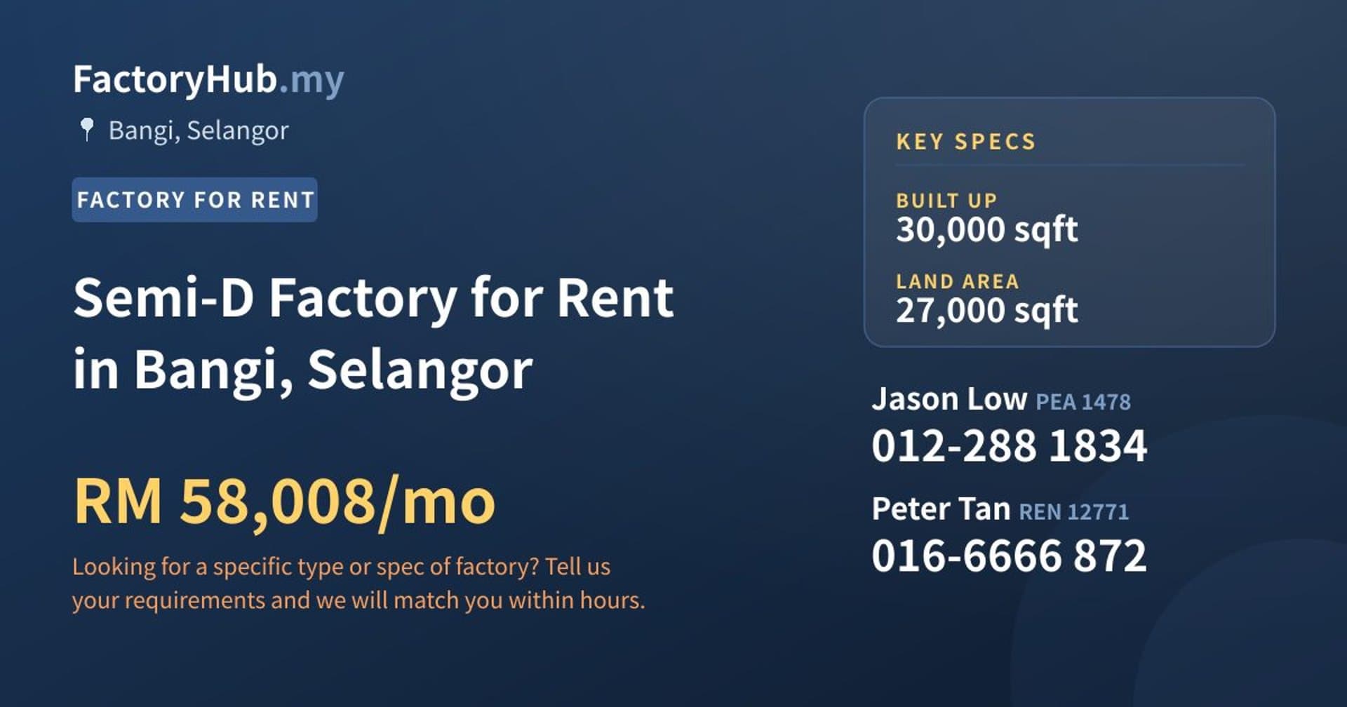Semi-D Factory for Rent in Bangi, Selangor - Property image 1 of 2