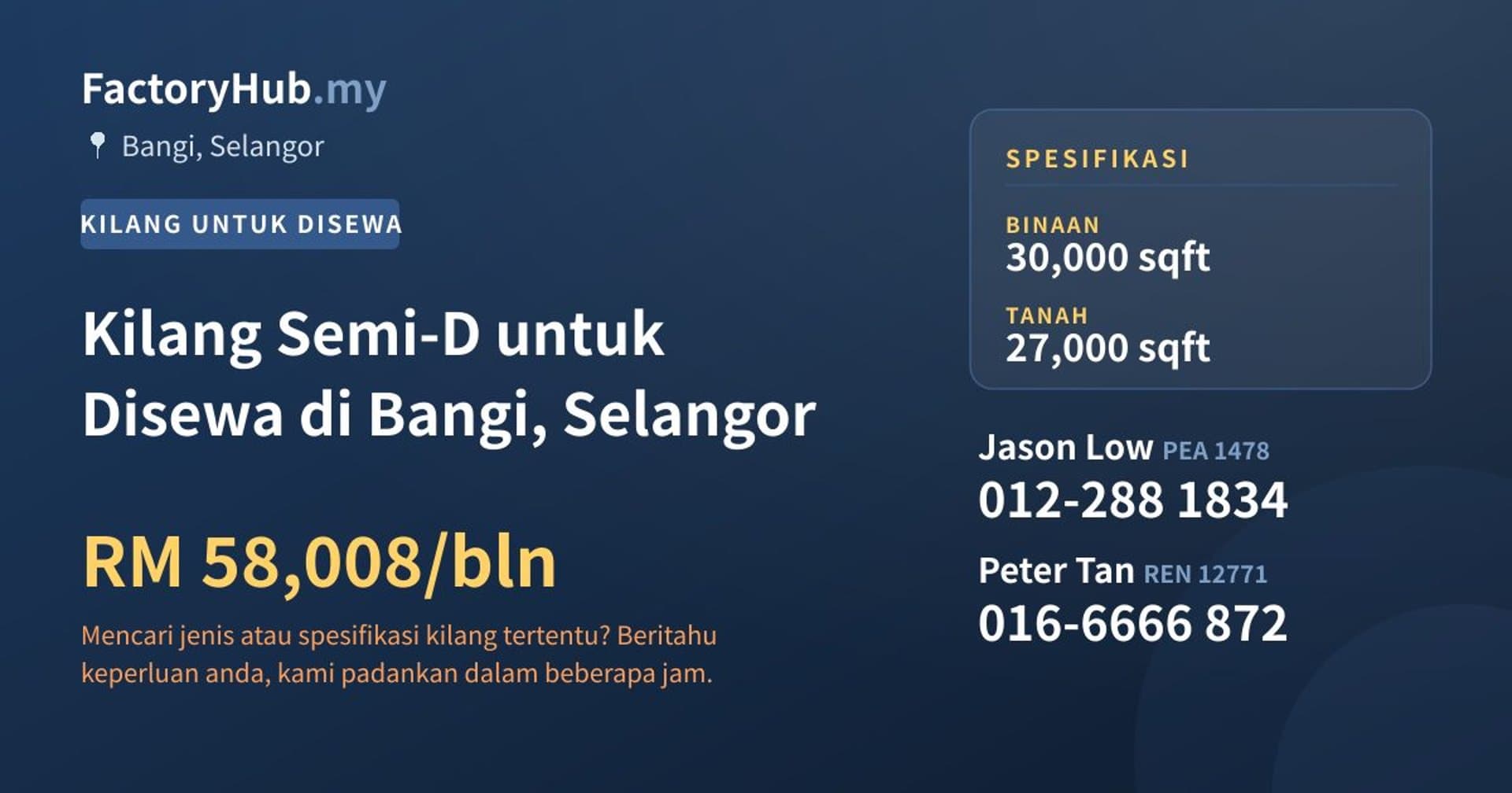 Kilang Semi-D untuk Disewa di Bangi, Selangor · Imej hartanah 1/2