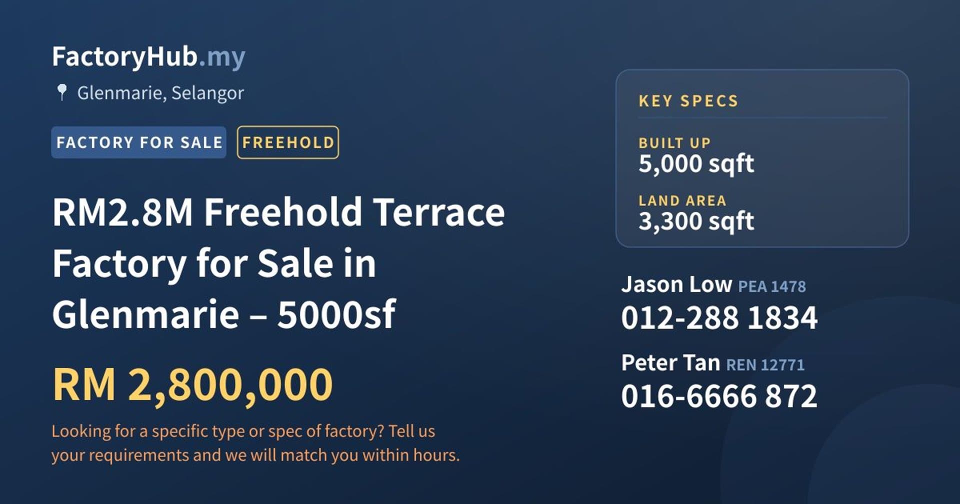 RM2.8M Freehold Terrace Factory for Sale in Glenmarie – 5000sf - Property image 1 of 9
