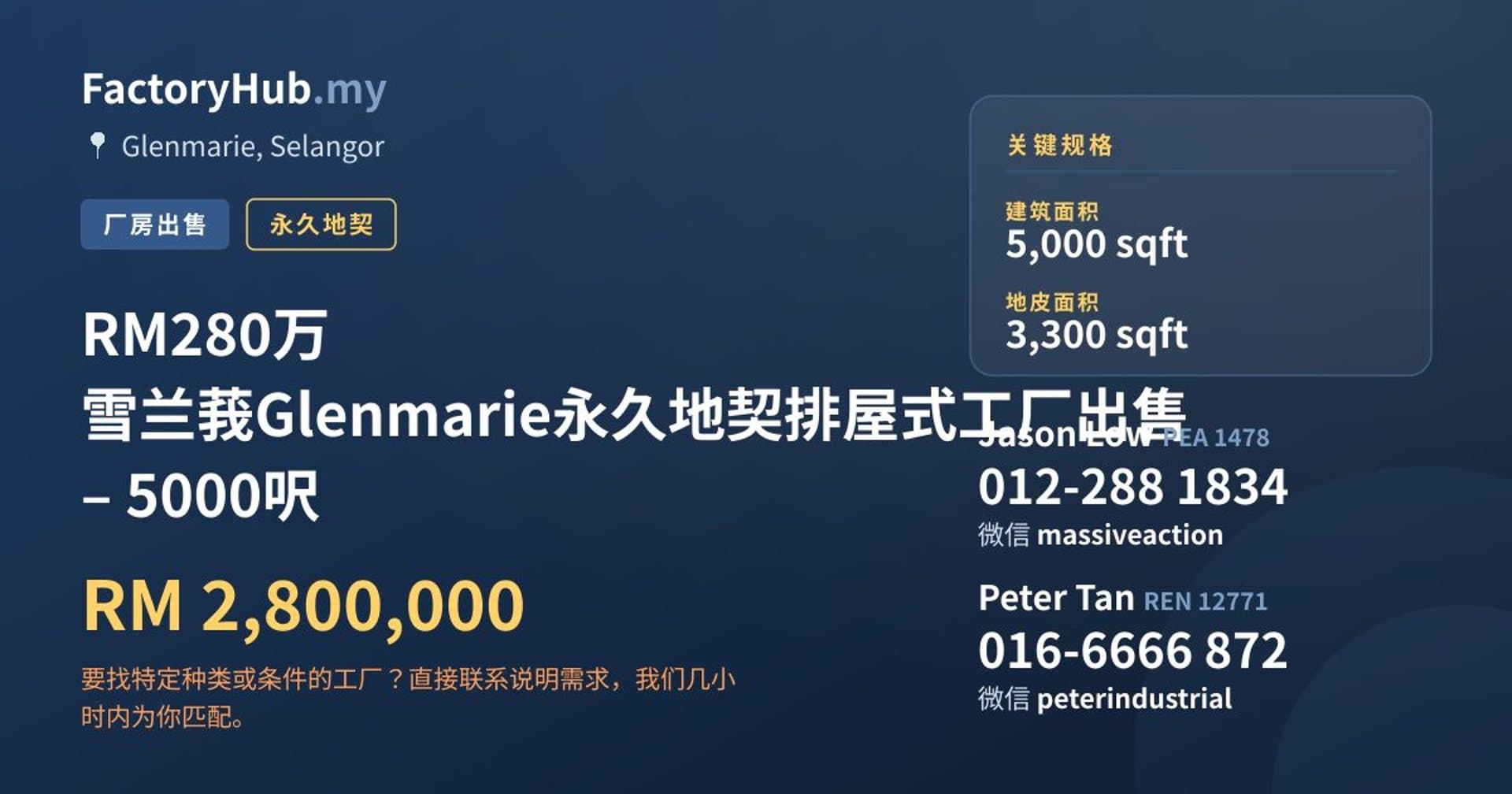 RM280万 雪兰莪Glenmarie永久地契排屋式工厂出售 – 5000呎 · 房源图片 1/9