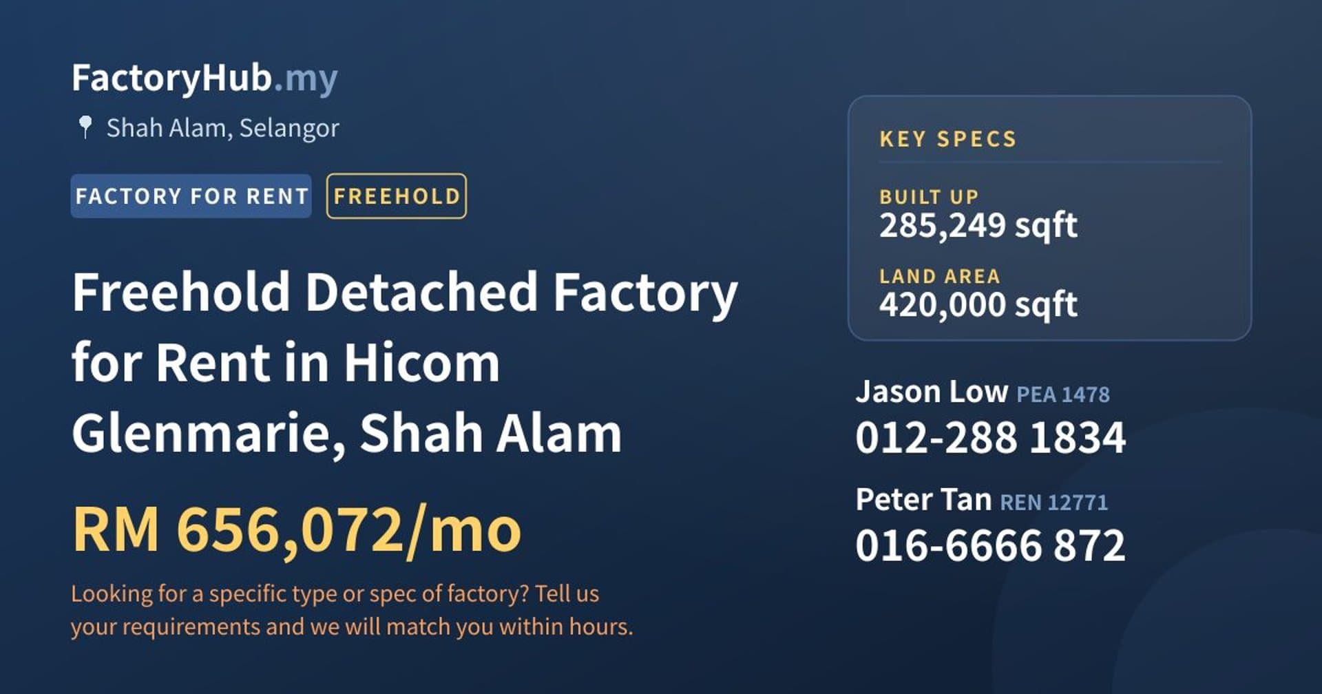 Freehold Detached Factory for Rent in Hicom Glenmarie, Shah Alam - Property image 1 of 2