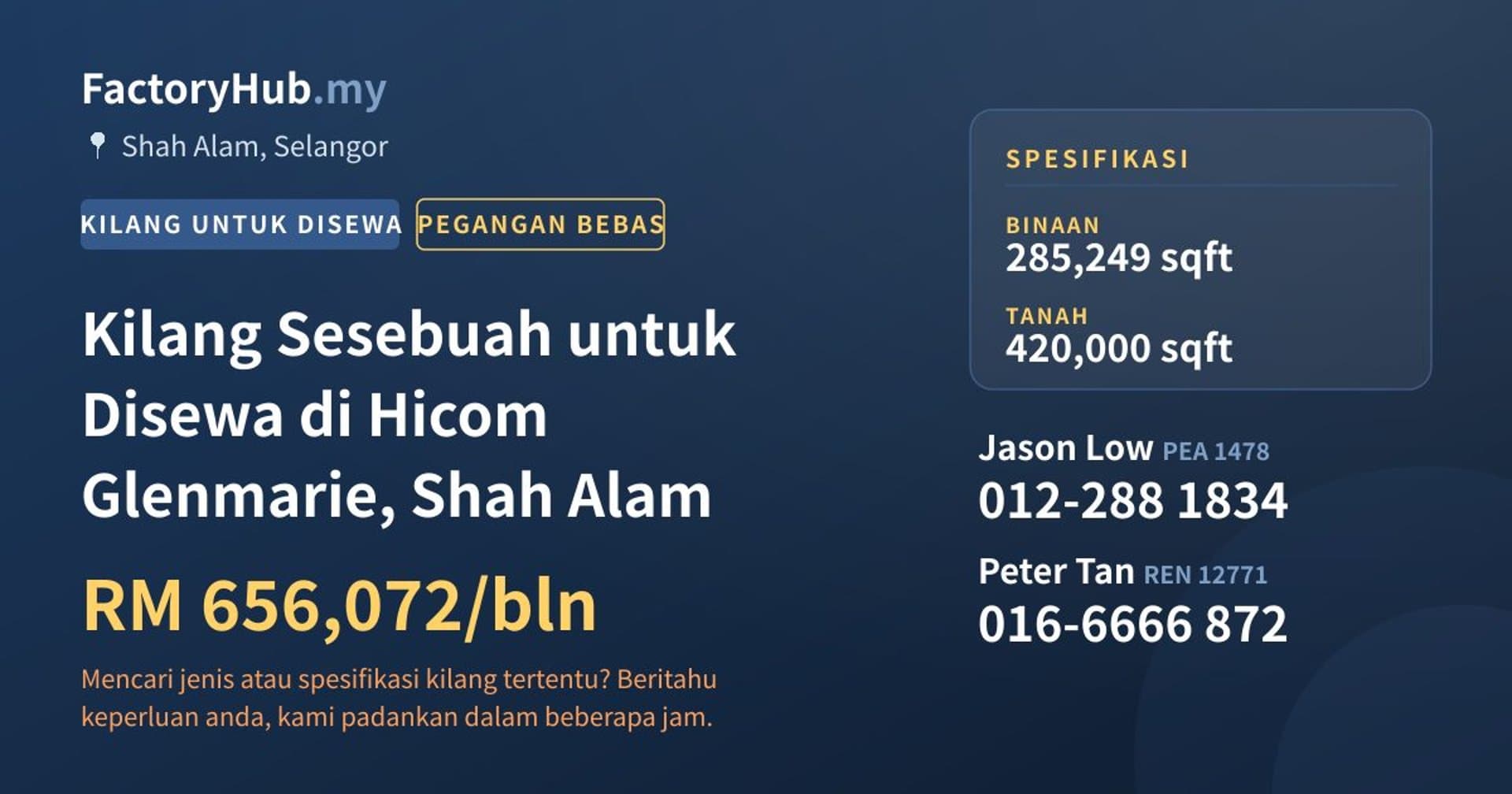 Kilang Sesebuah untuk Disewa di Hicom Glenmarie, Shah Alam · Imej hartanah 1/2