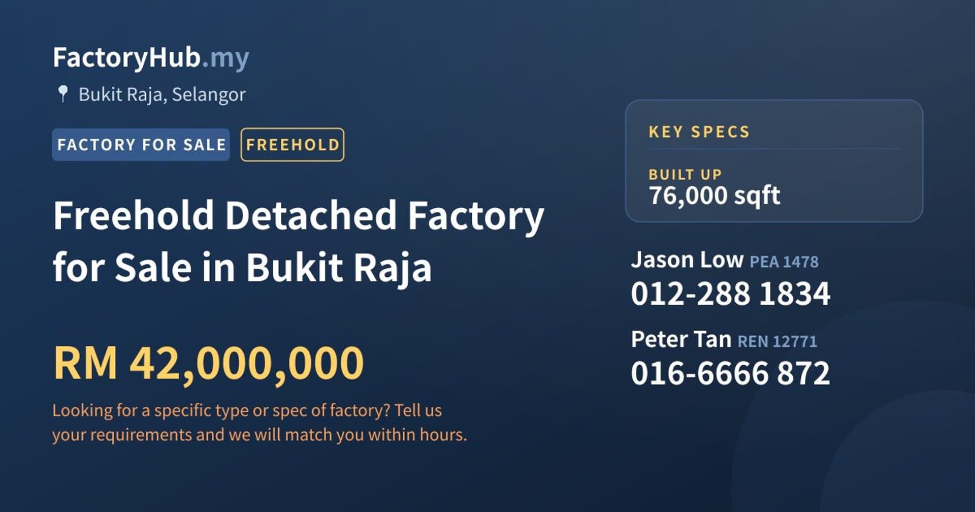 Freehold Detached Factory for Sale in Bukit Raja - Property image 1 of 2
