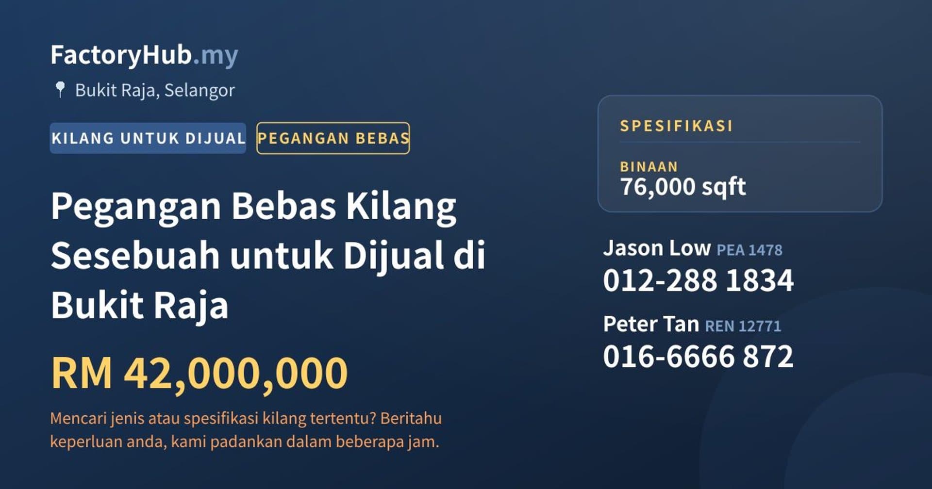 Pegangan Bebas Kilang Sesebuah untuk Dijual di Bukit Raja · Imej hartanah 1/2