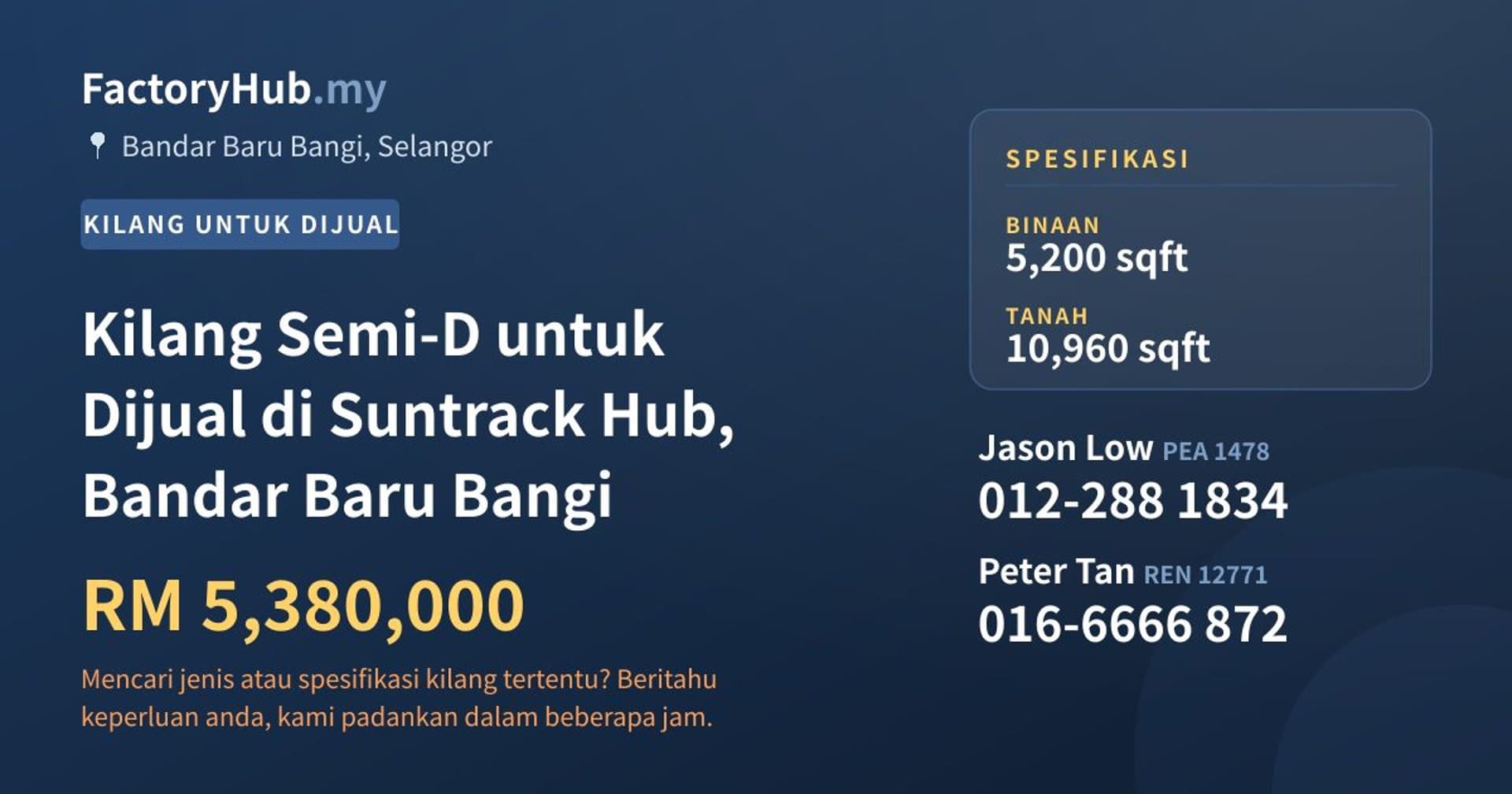 Kilang Semi-D untuk Dijual di Suntrack Hub, Bandar Baru Bangi · Imej hartanah 1/2