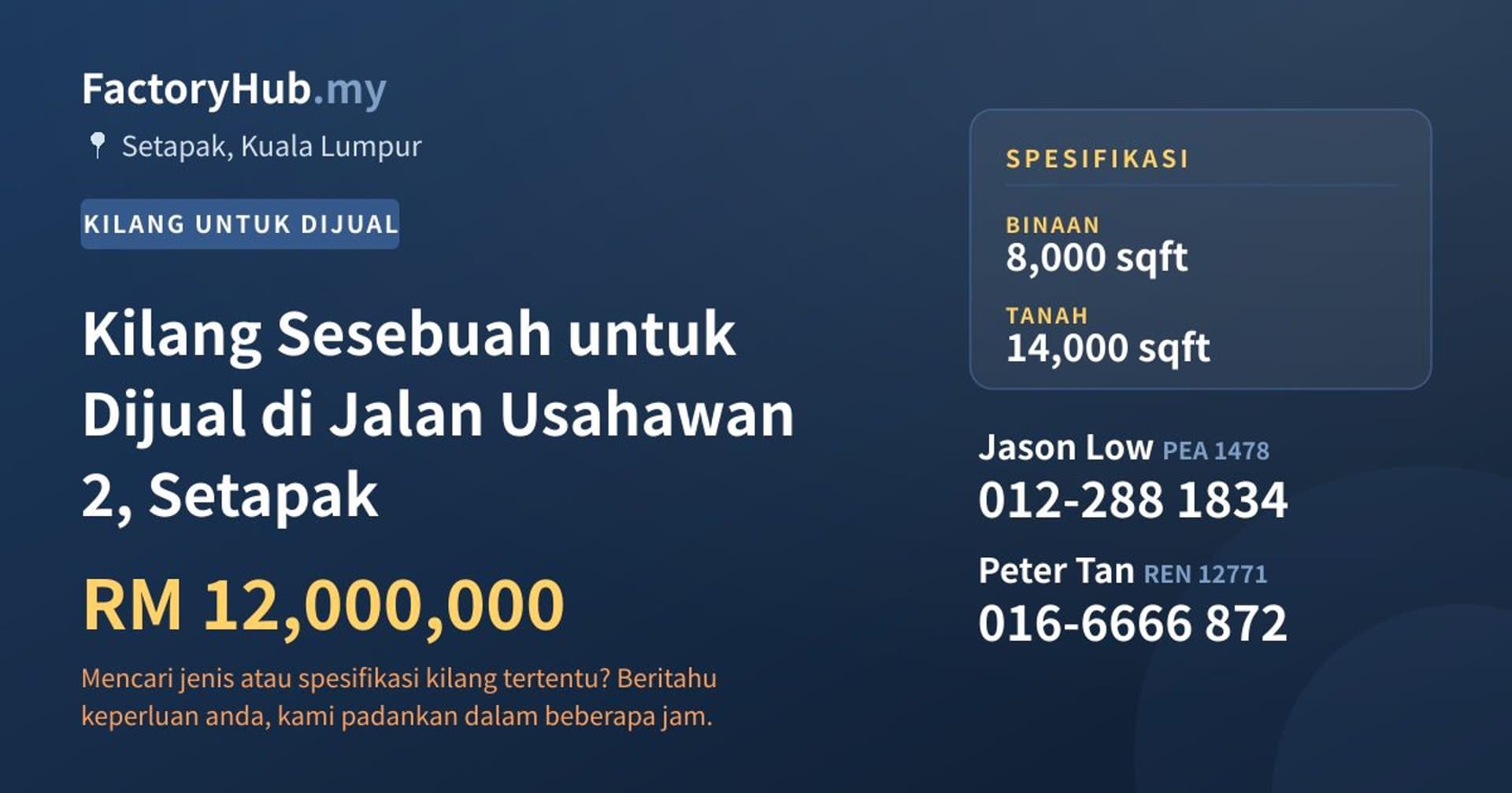Kilang Sesebuah untuk Dijual di Jalan Usahawan 2, Setapak · Imej hartanah 1/2
