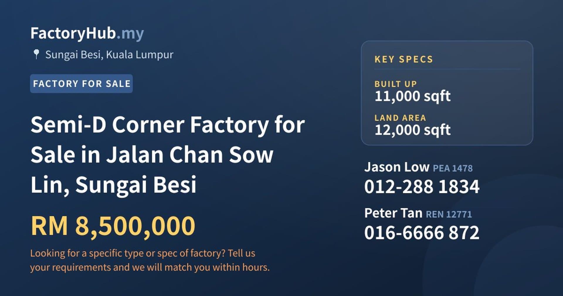 Semi-D Corner Factory for Sale in Jalan Chan Sow Lin, Sungai Besi - Property image 1 of 2