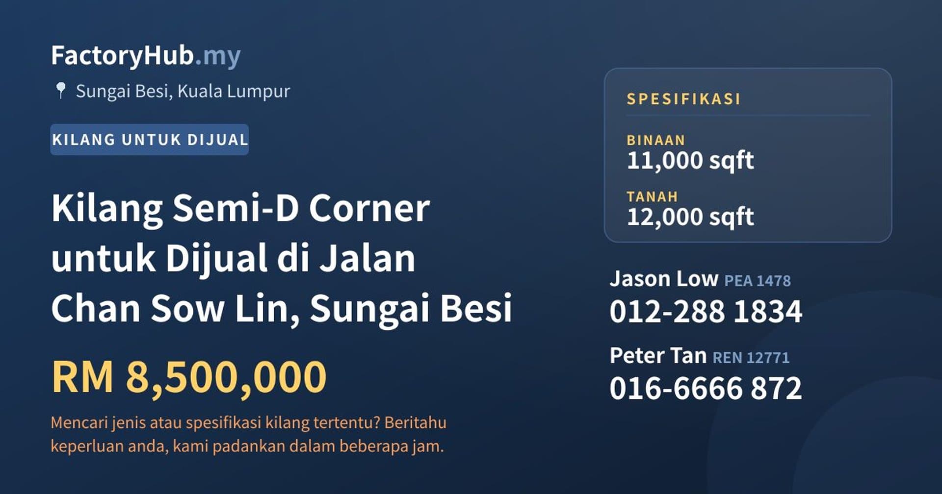 Kilang Semi-D Corner untuk Dijual di Jalan Chan Sow Lin, Sungai Besi · Imej hartanah 1/2