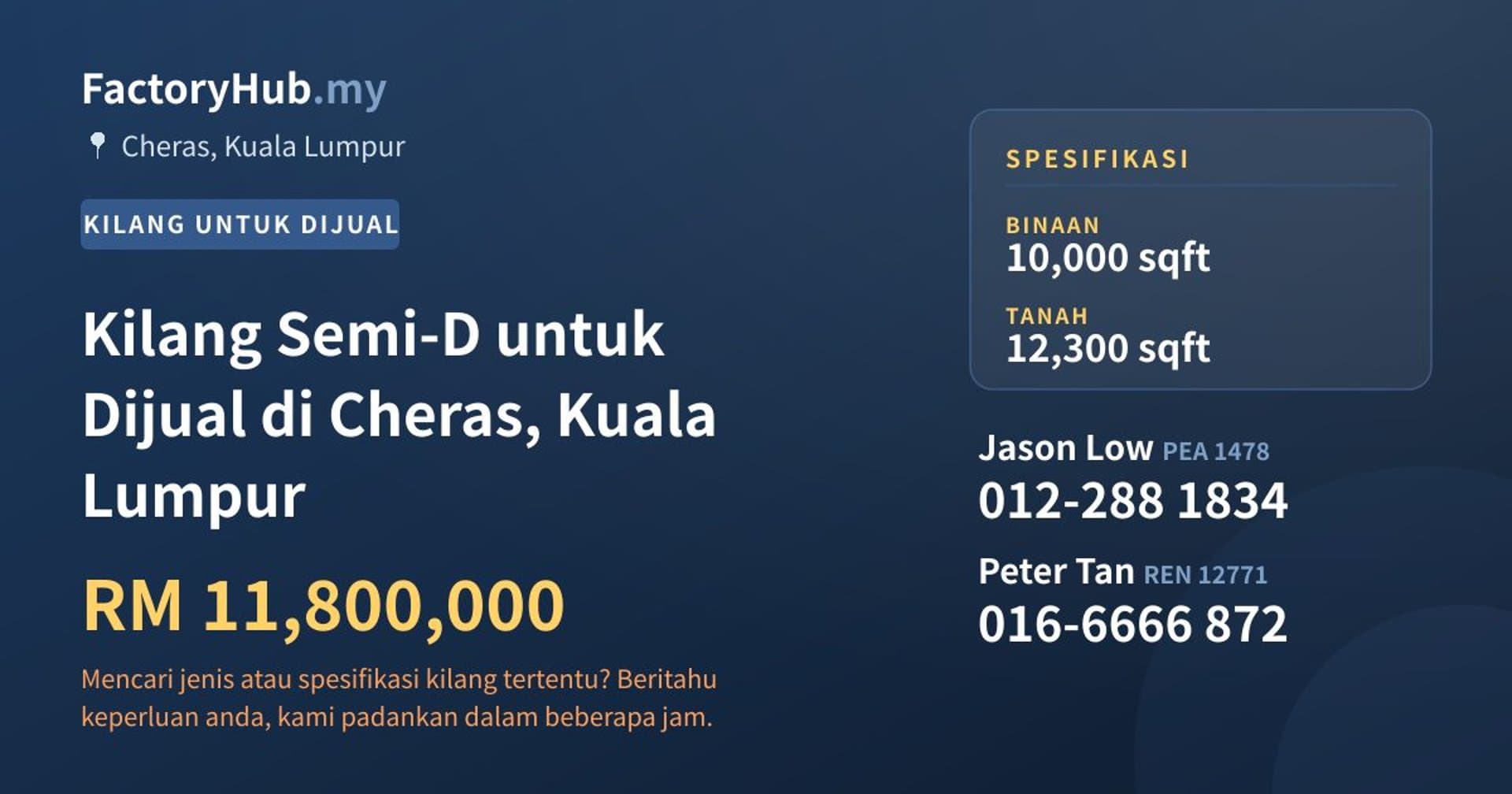 Kilang Semi-D untuk Dijual di Cheras, Kuala Lumpur · Imej hartanah 1/2