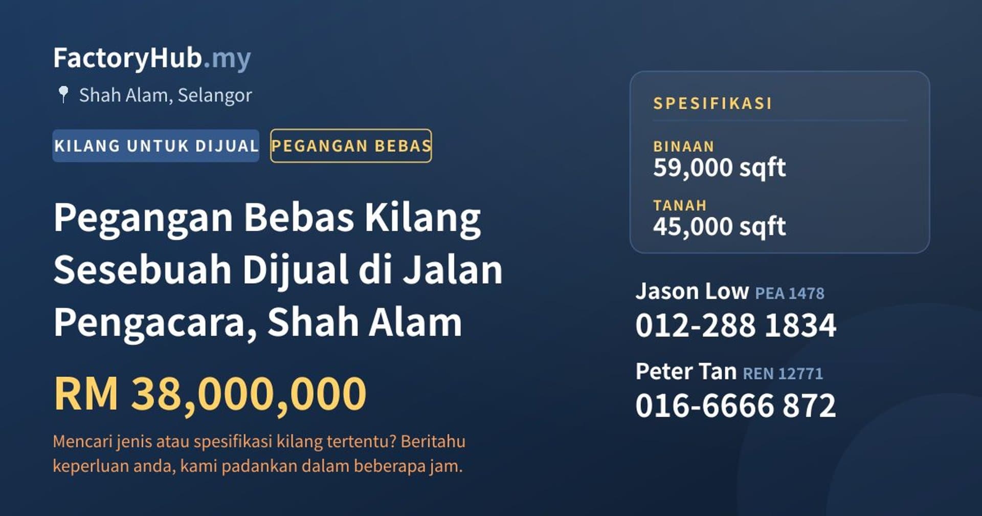 Pegangan Bebas Kilang Sesebuah Dijual di Jalan Pengacara, Shah Alam · Imej hartanah 1/2