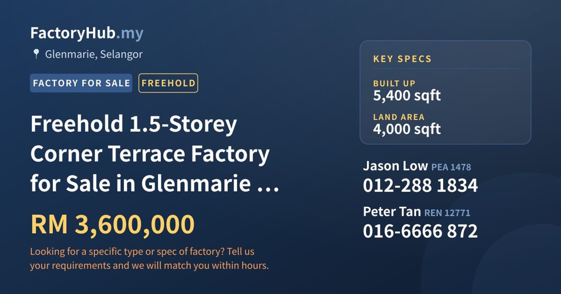 Freehold 1.5-Storey Corner Terrace Factory for Sale in Glenmarie – RM3.6M 5400sf - Property image 1 of 9