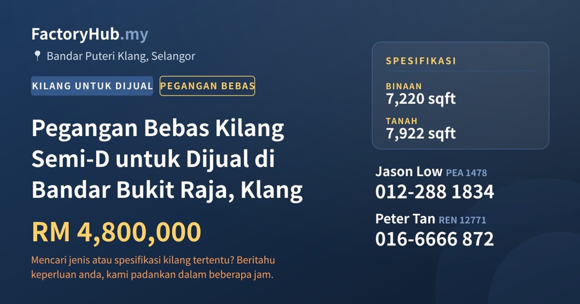 Pegangan Bebas Kilang Semi-D untuk Dijual di Bandar Bukit Raja, Klang · Imej hartanah 1/2