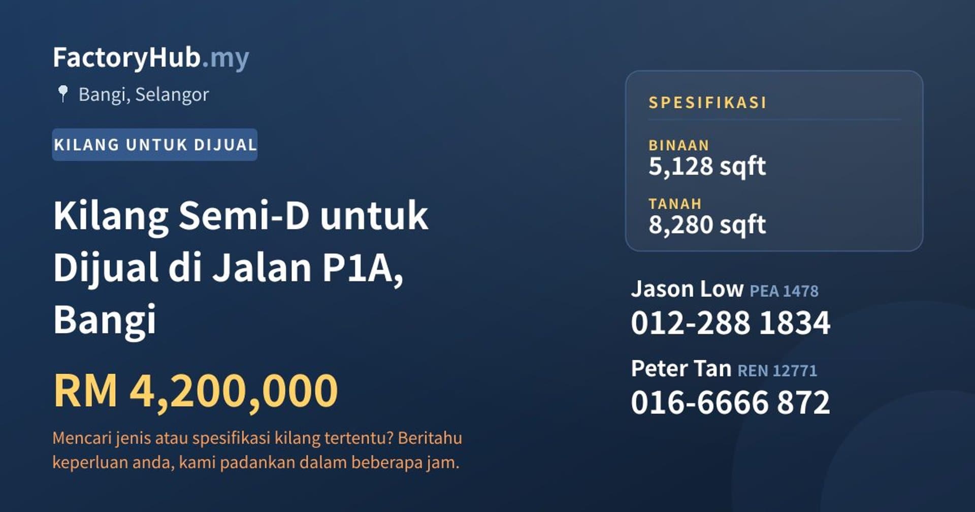 Kilang Semi-D untuk Dijual di Jalan P1A, Bangi · Imej hartanah 1/2