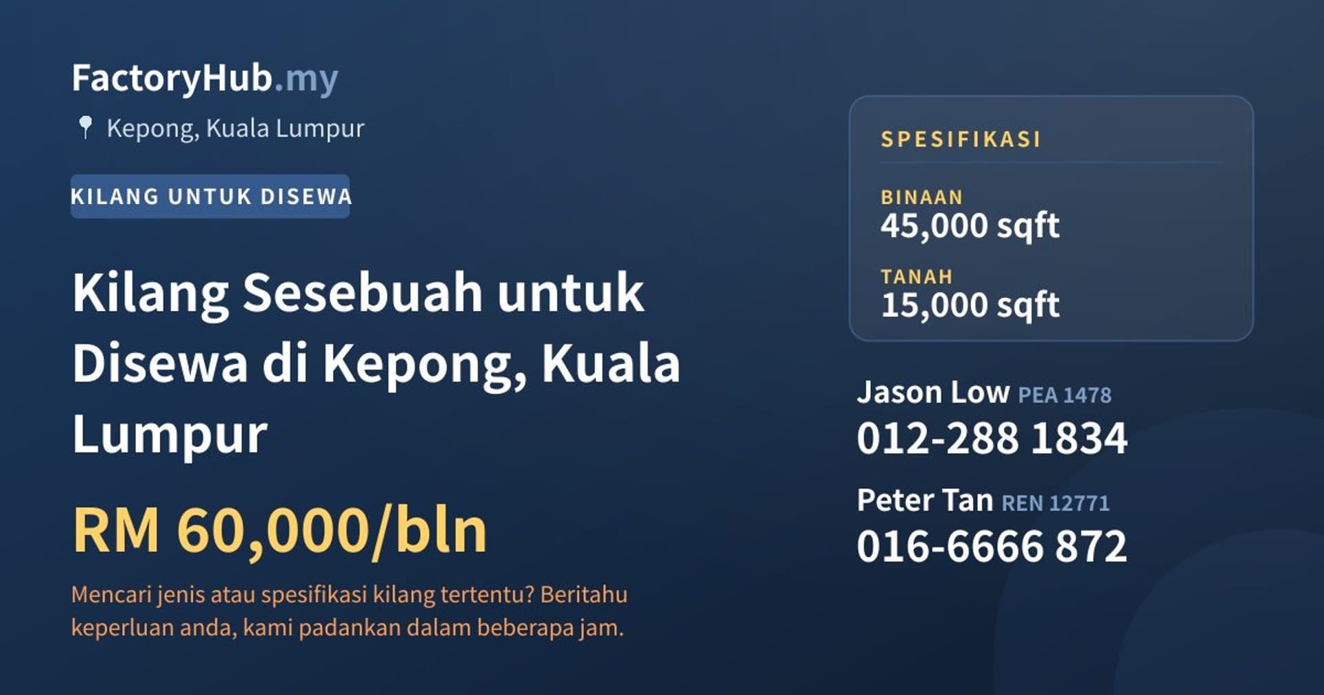 Kilang Sesebuah untuk Disewa di Kepong, Kuala Lumpur · Imej hartanah 1/2
