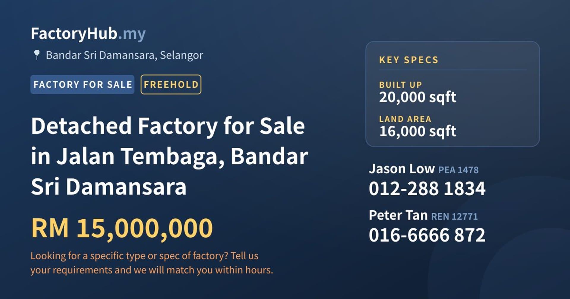 Detached Factory for Sale in Jalan Tembaga, Bandar Sri Damansara - Property image 1 of 2