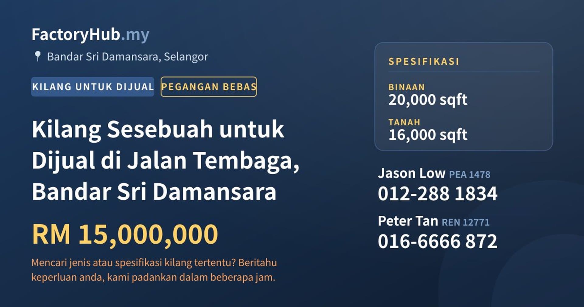 Kilang Sesebuah untuk Dijual di Jalan Tembaga, Bandar Sri Damansara · Imej hartanah 1/2