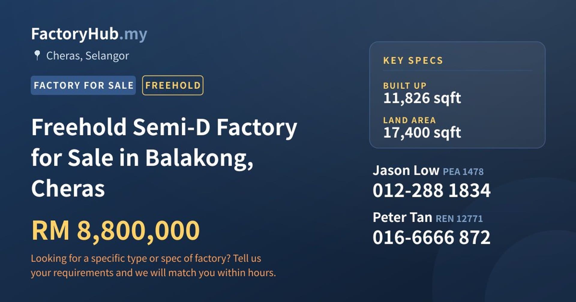 Freehold Semi-D Factory for Sale in Balakong, Cheras - Property image 1 of 2