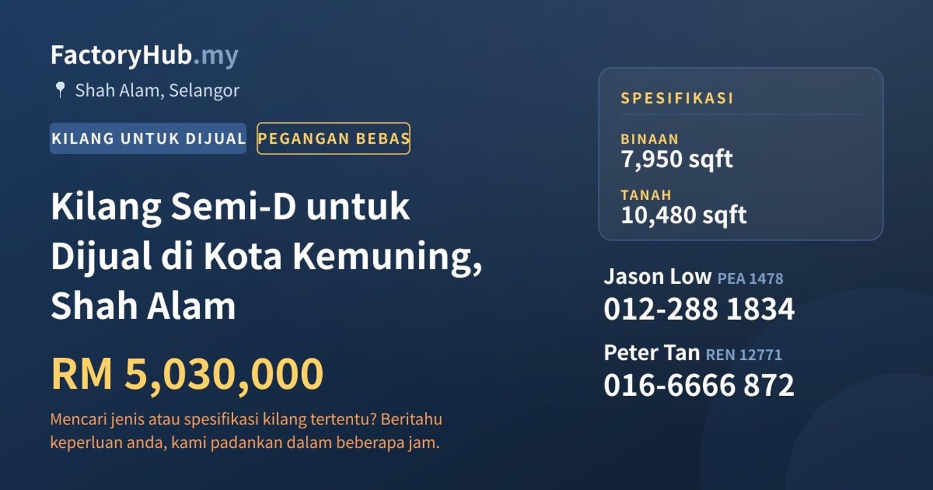 Kilang Semi-D untuk Dijual di Kota Kemuning, Shah Alam · Imej hartanah 1/2