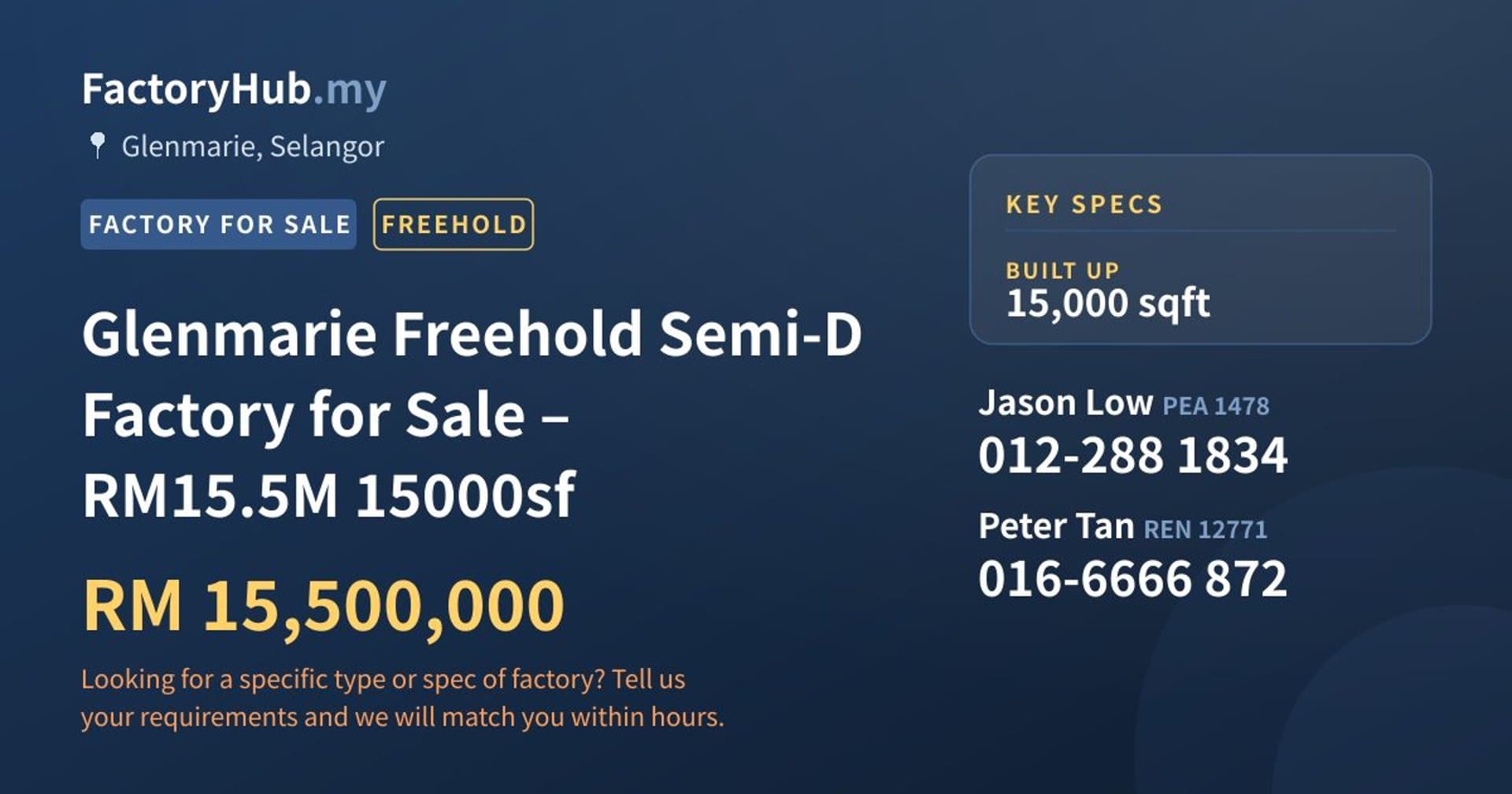 Glenmarie Freehold Semi-D Factory for Sale – RM15.5M 15000sf - Property image 1 of 9