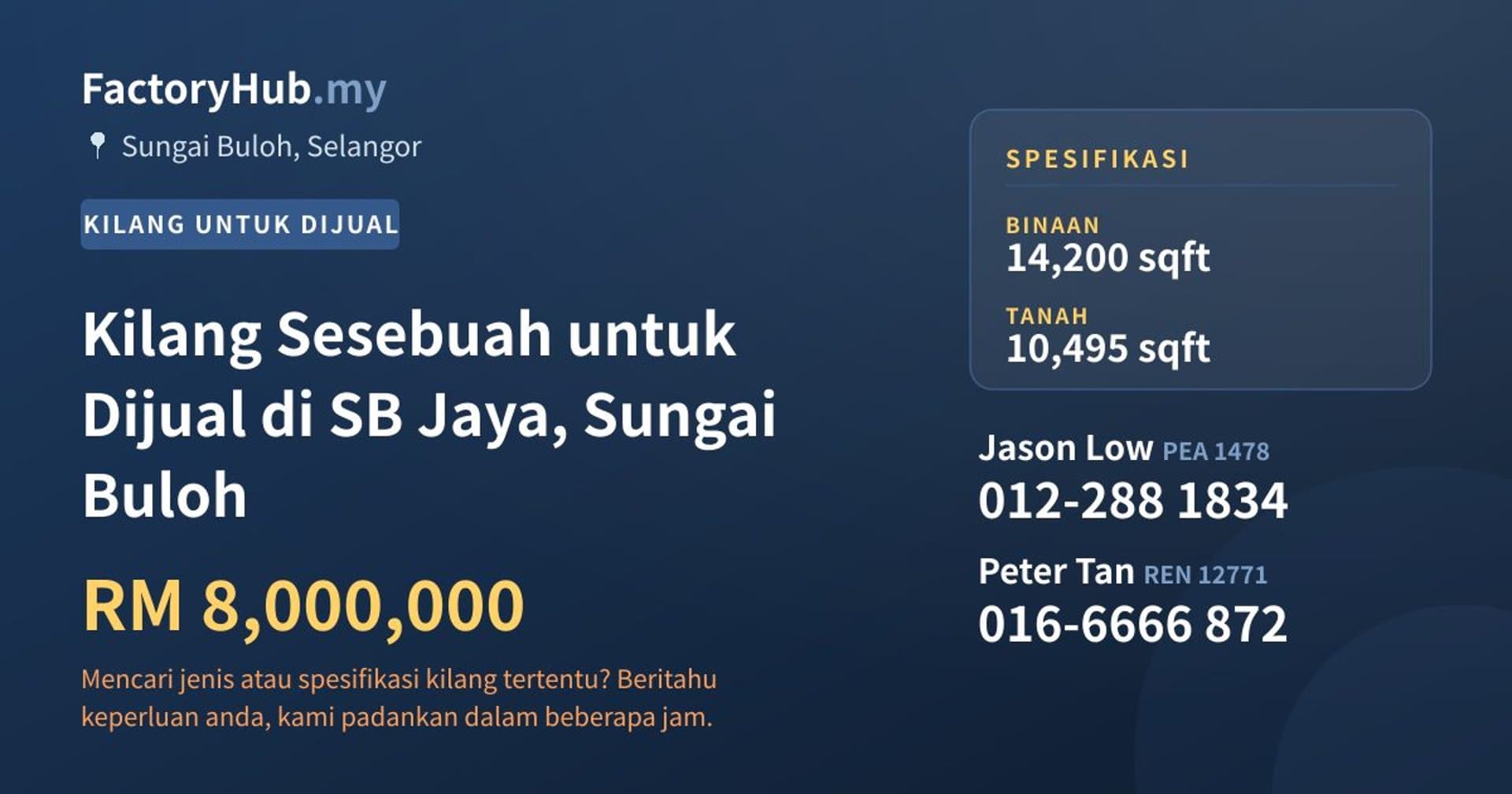 Kilang Sesebuah untuk Dijual di SB Jaya, Sungai Buloh · Imej hartanah 1/2
