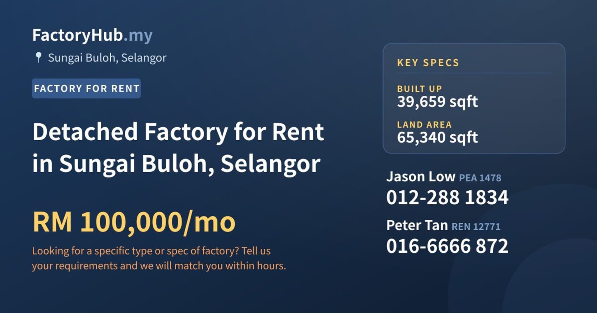 Detached Factory for Rent in Sungai Buloh, Selangor - Property image 1 of 2