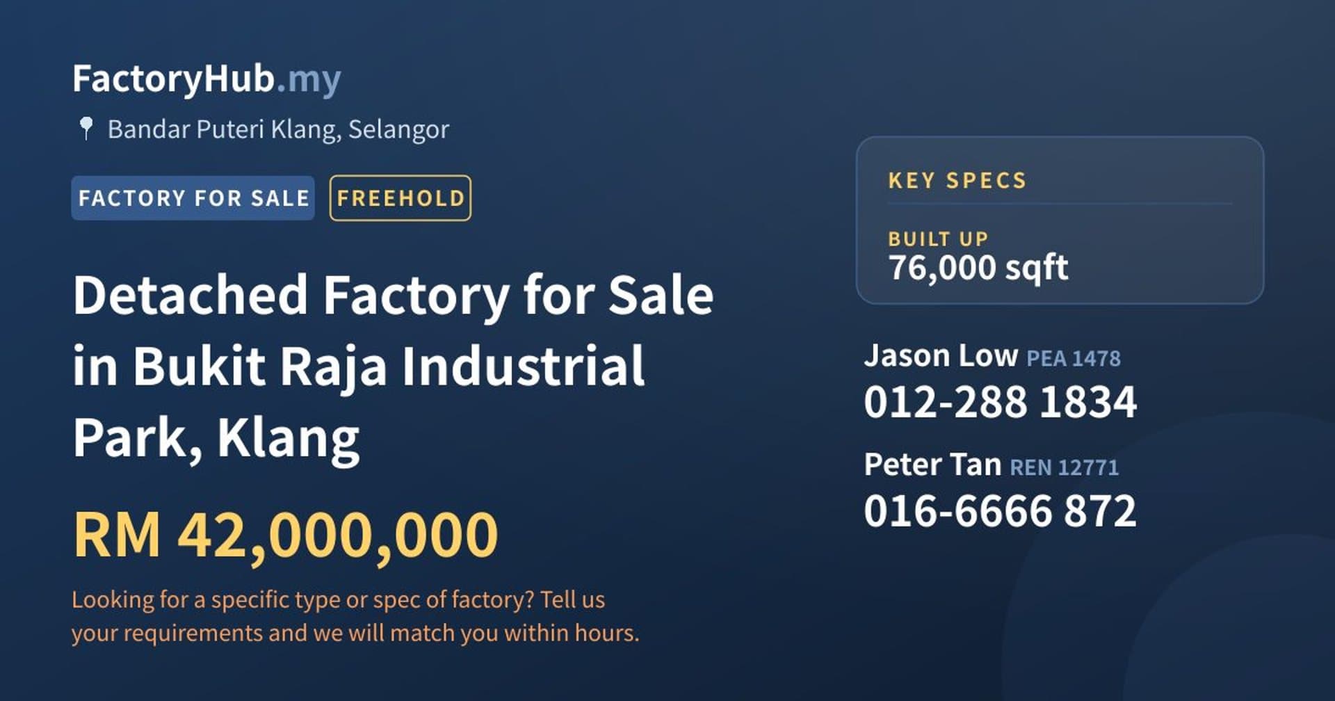 Detached Factory for Sale in Bukit Raja Industrial Park, Klang - Property image 1 of 2