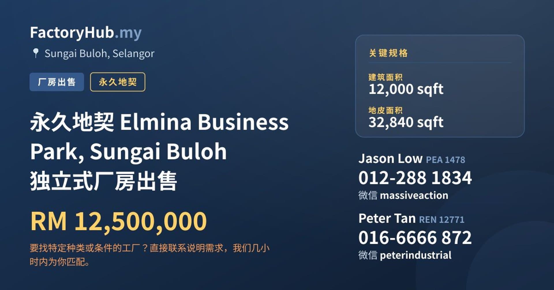 永久地契 Elmina Business Park, Sungai Buloh 独立式厂房出售 · 房源图片 1/2