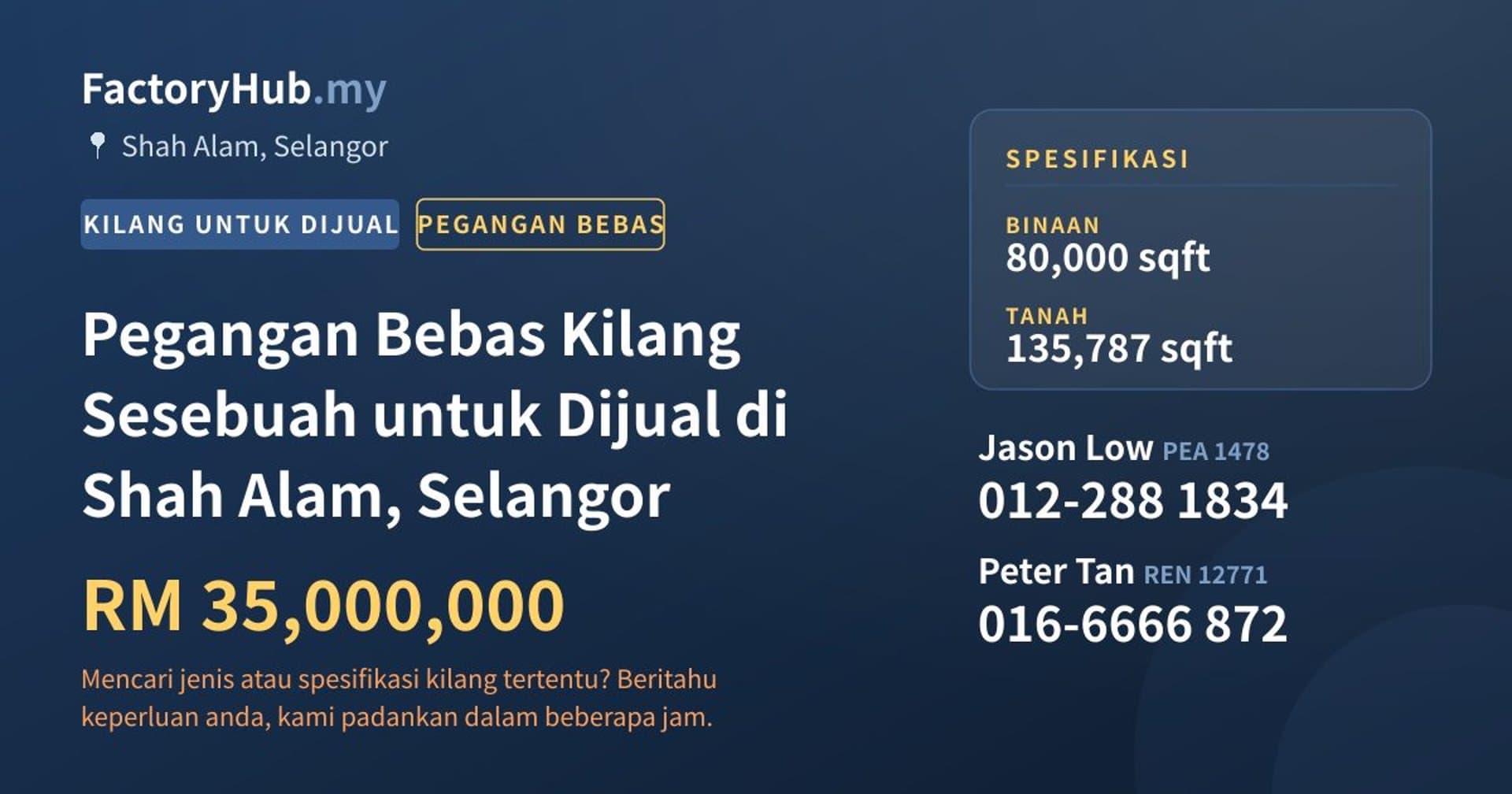 Pegangan Bebas Kilang Sesebuah untuk Dijual di Shah Alam, Selangor · Imej hartanah 1/2