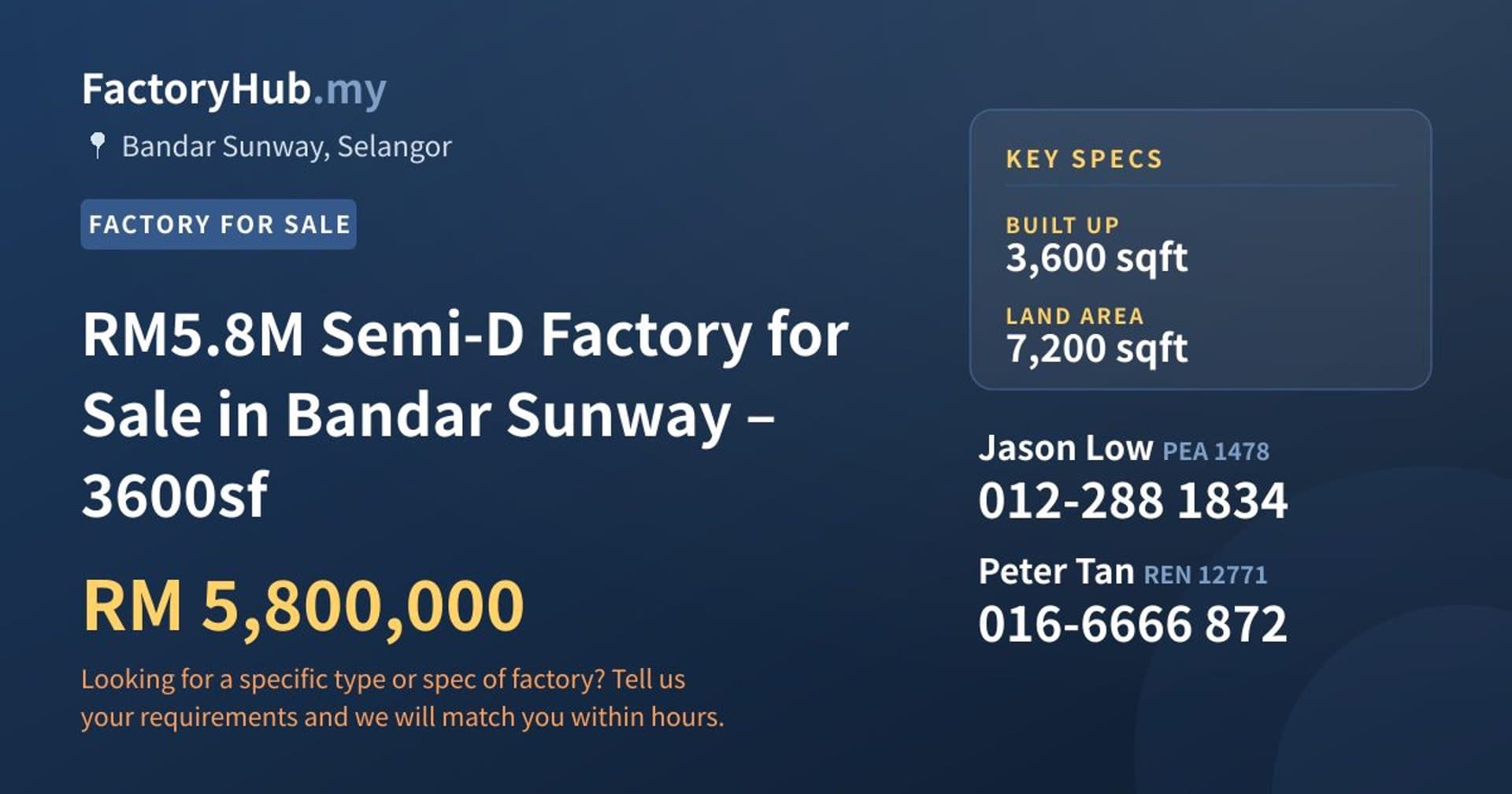 RM5.8M Semi-D Factory for Sale in Bandar Sunway – 3600sf - Property image 1 of 6