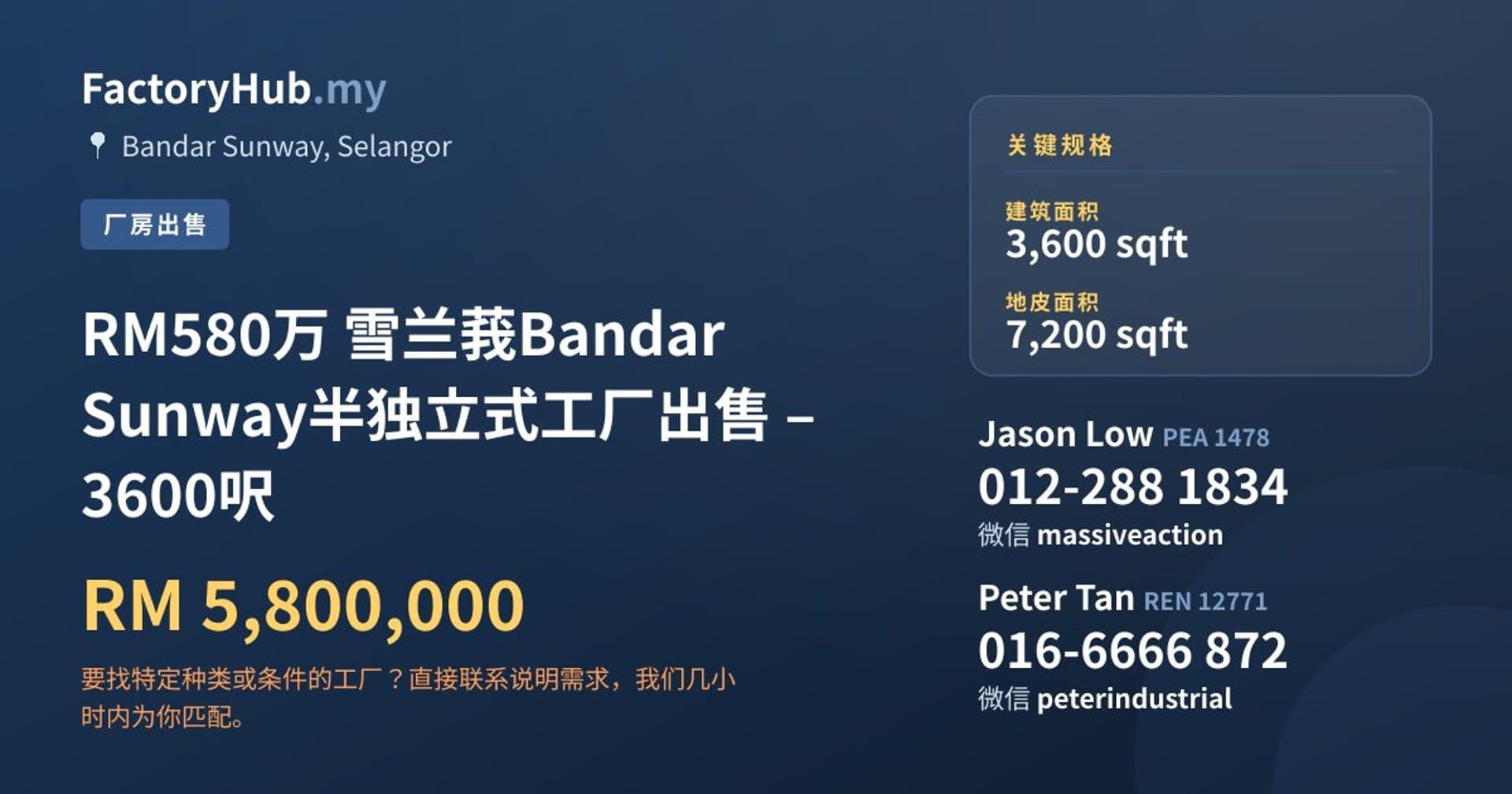 RM580万 雪兰莪Bandar Sunway半独立式工厂出售 – 3600呎 · 房源图片 1/6