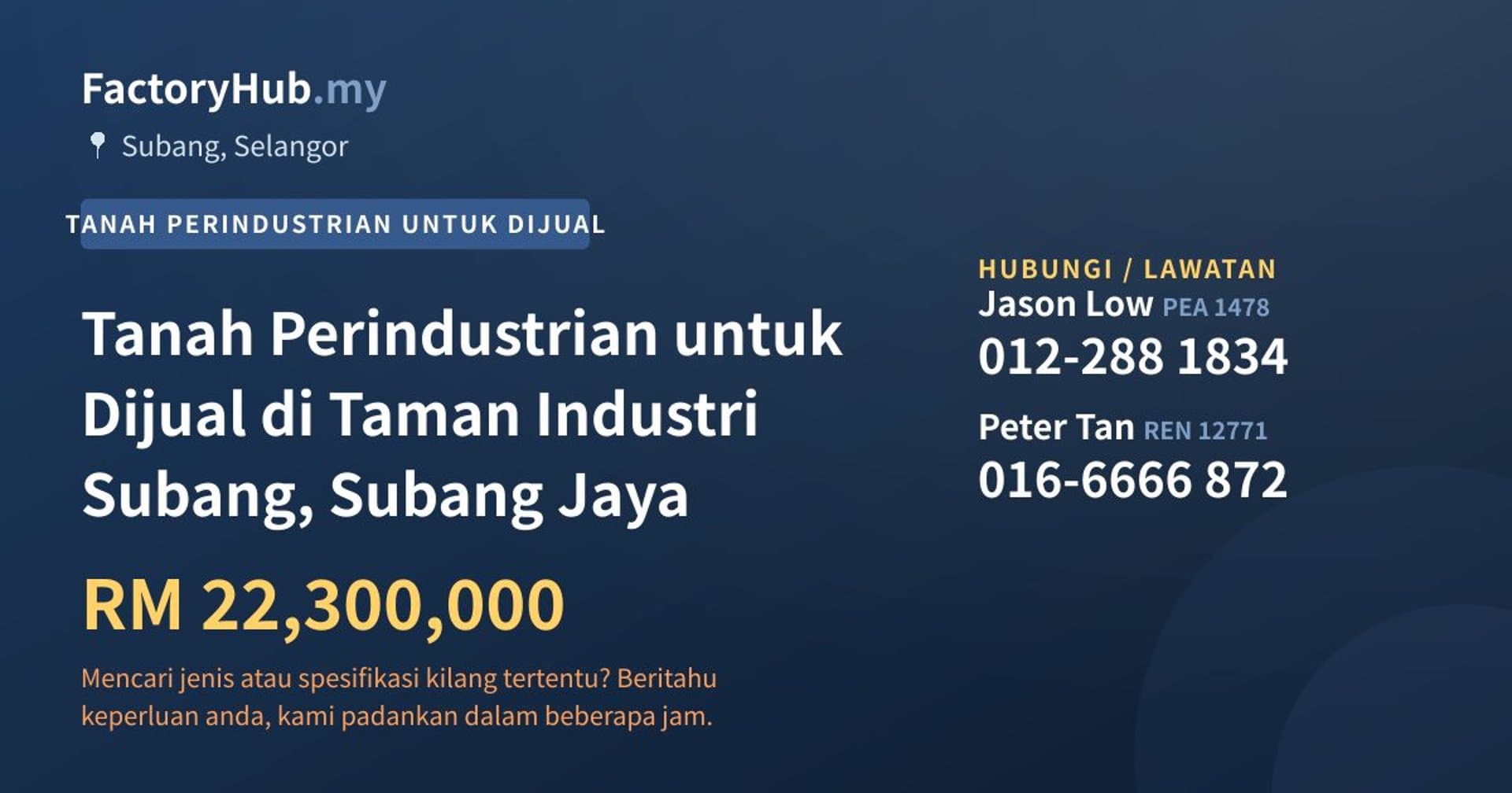 Tanah Perindustrian untuk Dijual di Taman Industri Subang, Subang Jaya · Imej hartanah 1/2