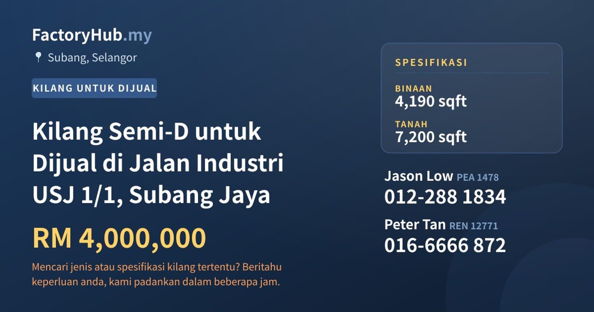 Kilang Semi-D untuk Dijual di Jalan Industri USJ 1/1, Subang Jaya · Imej hartanah 1/2