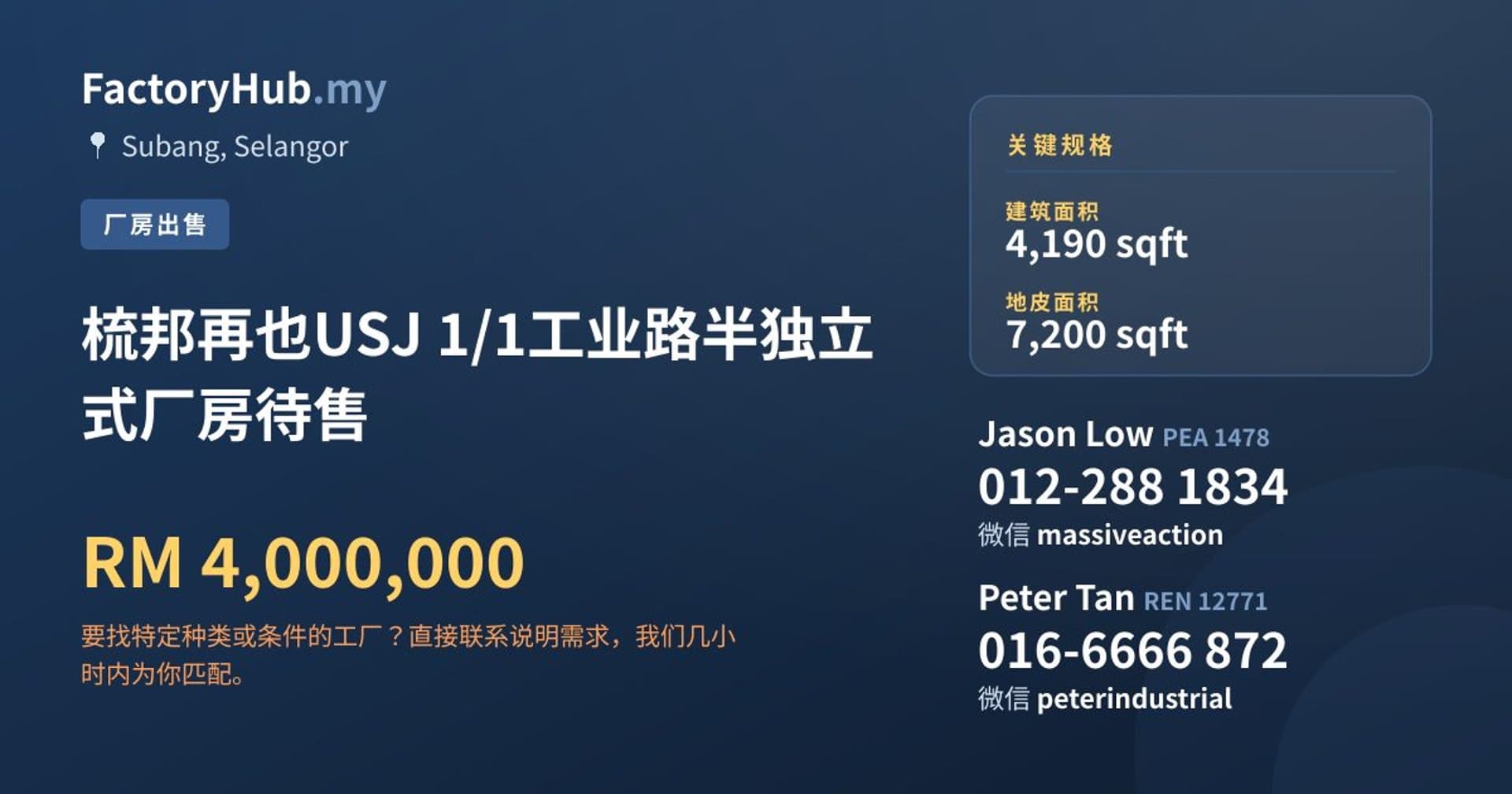 梳邦再也USJ 1/1工业路半独立式厂房待售 · 房源图片 1/2
