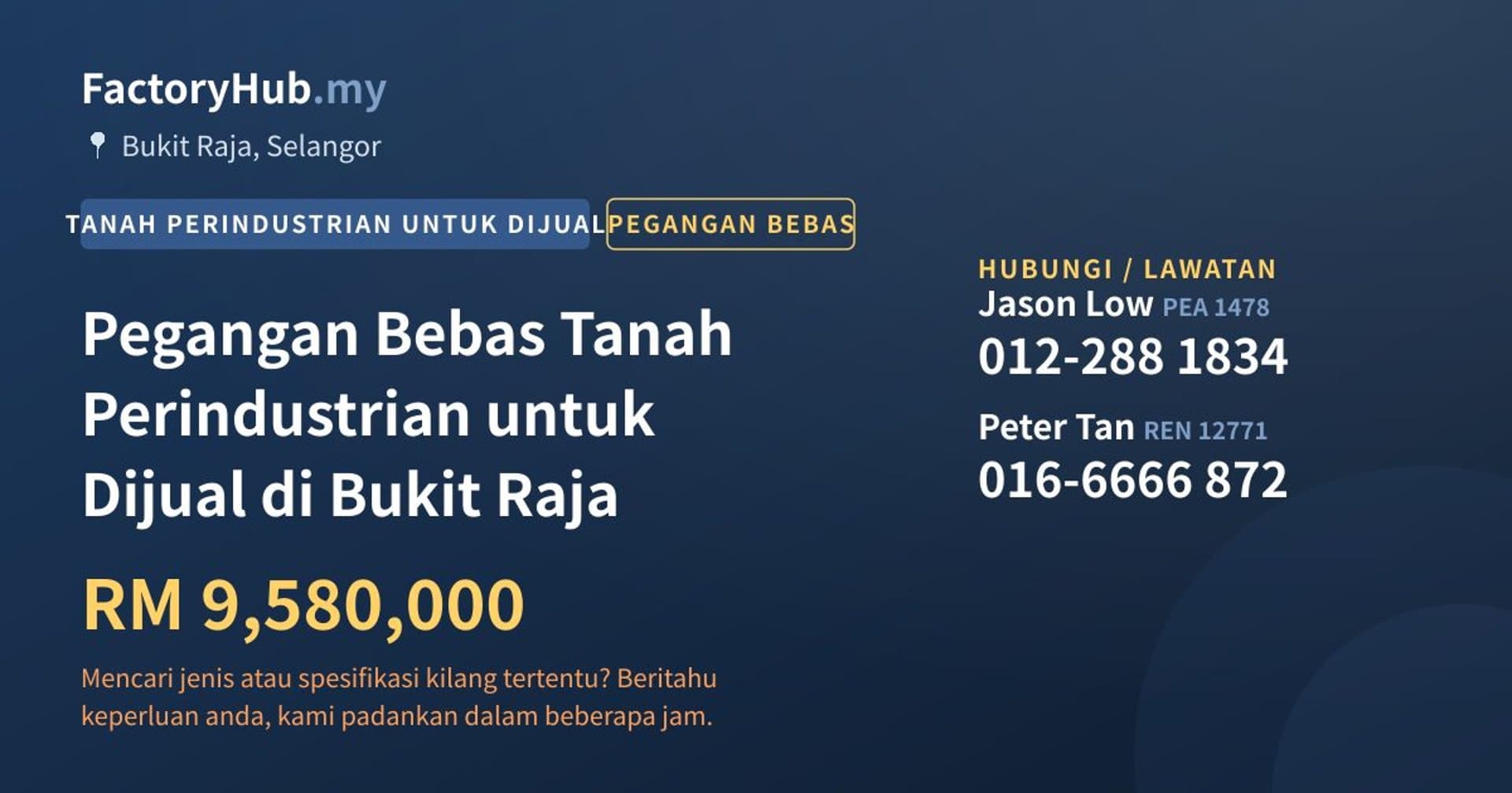 Pegangan Bebas Tanah Perindustrian untuk Dijual di Bukit Raja · Imej hartanah 1/2