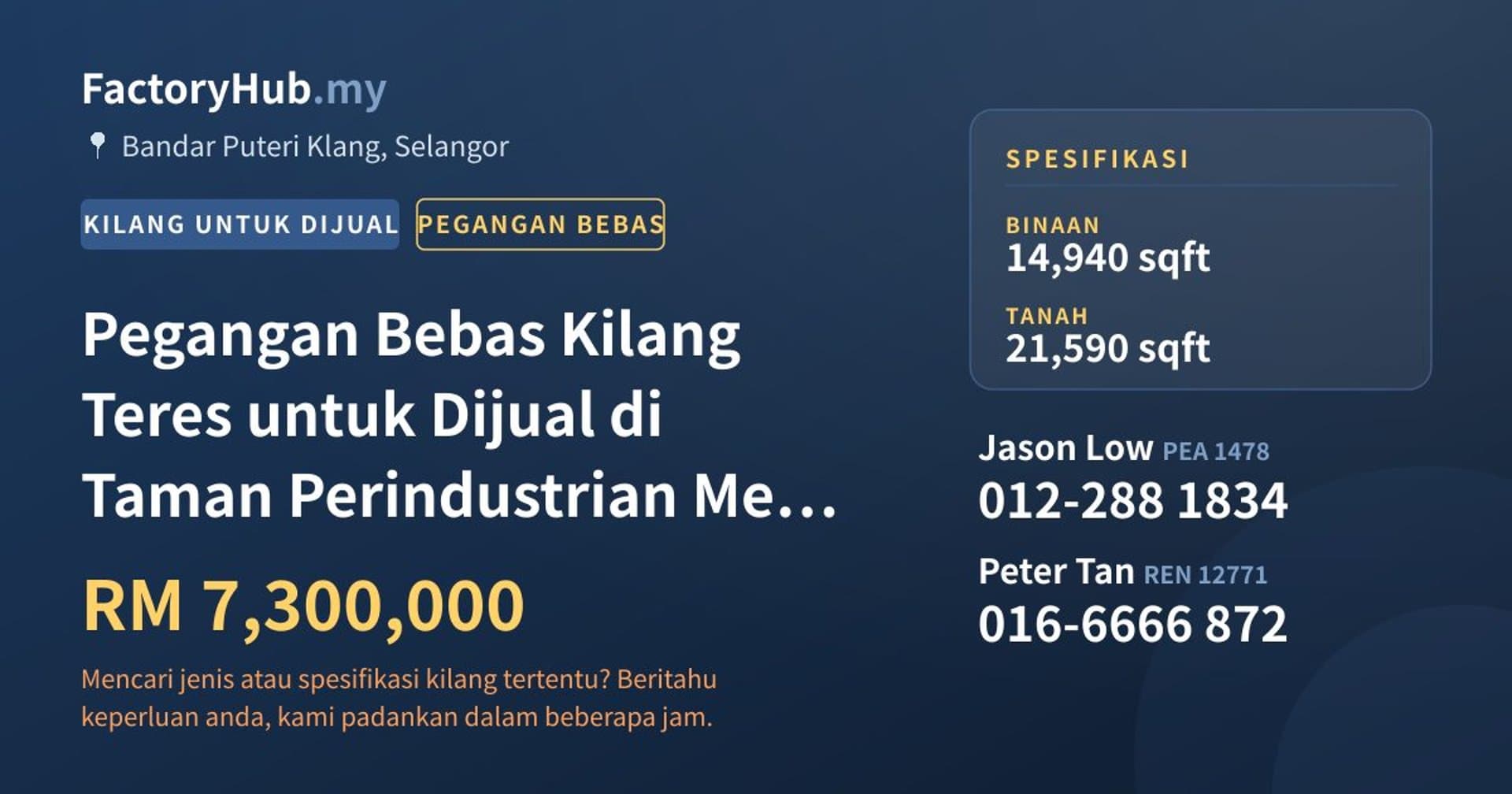 Pegangan Bebas Kilang Teres untuk Dijual di Taman Perindustrian Meru, Klang · Imej hartanah 1/2