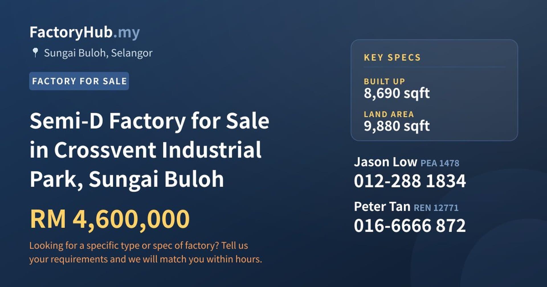 Semi-D Factory for Sale in Crossvent Industrial Park, Sungai Buloh - Property image 1 of 2