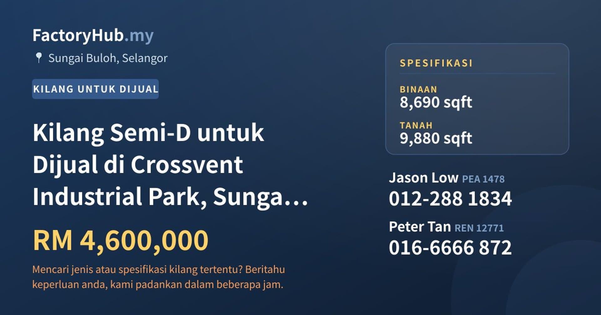Kilang Semi-D untuk Dijual di Crossvent Industrial Park, Sungai Buloh · Imej hartanah 1/2