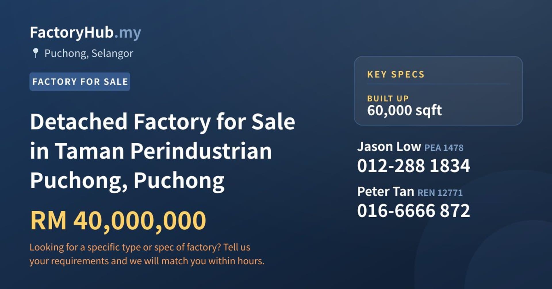 Detached Factory for Sale in Taman Perindustrian Puchong, Puchong - Property image 1 of 2