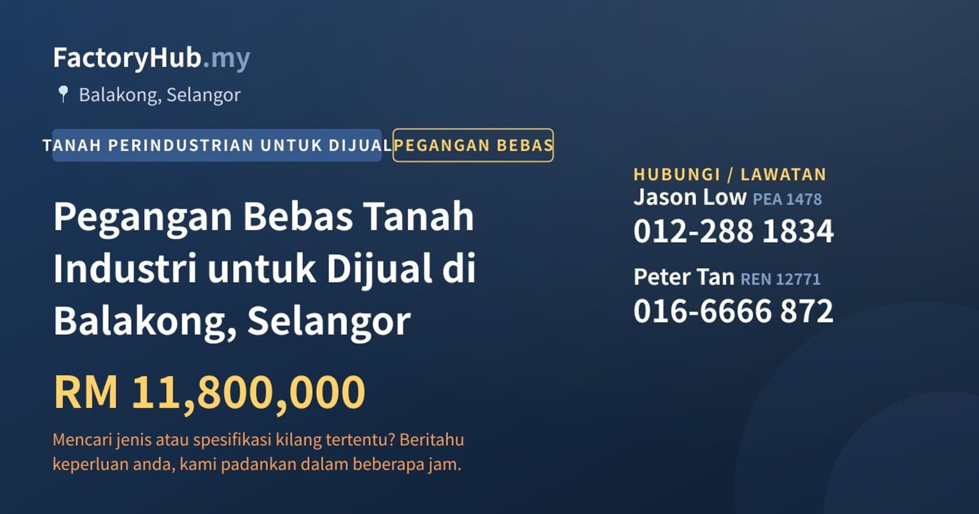 Pegangan Bebas Tanah Industri untuk Dijual di Balakong, Selangor · Imej hartanah 1/2