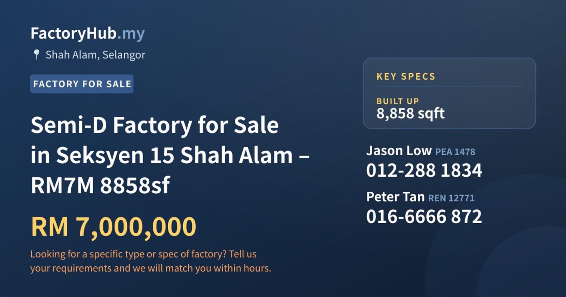 Semi-D Factory for Sale in Seksyen 15 Shah Alam – RM7M 8858sf - Property image 1 of 5