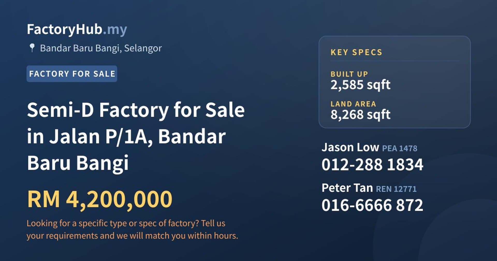 Semi-D Factory for Sale in Jalan P/1A, Bandar Baru Bangi - Property image 1 of 2