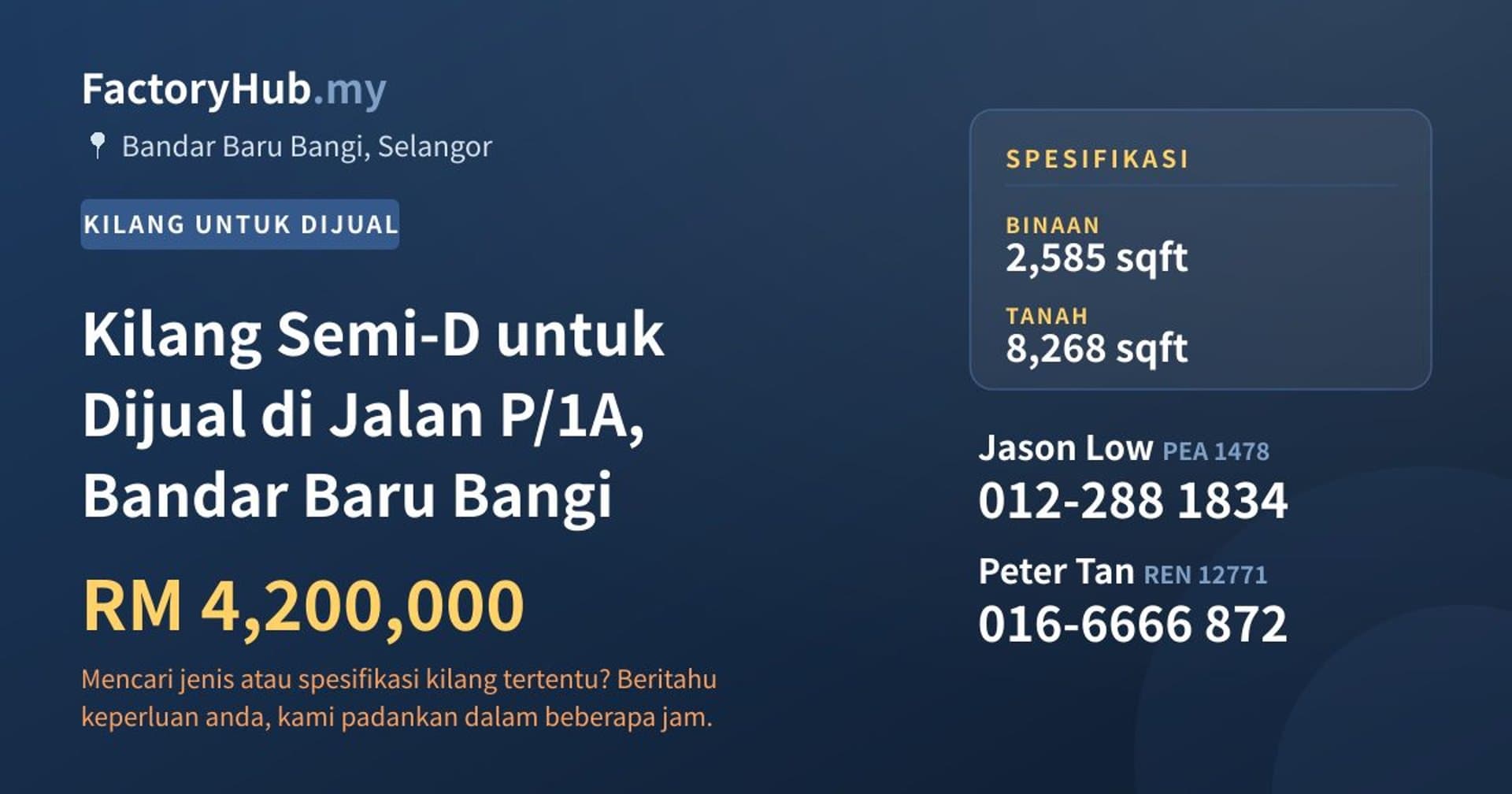 Kilang Semi-D untuk Dijual di Jalan P/1A, Bandar Baru Bangi · Imej hartanah 1/2