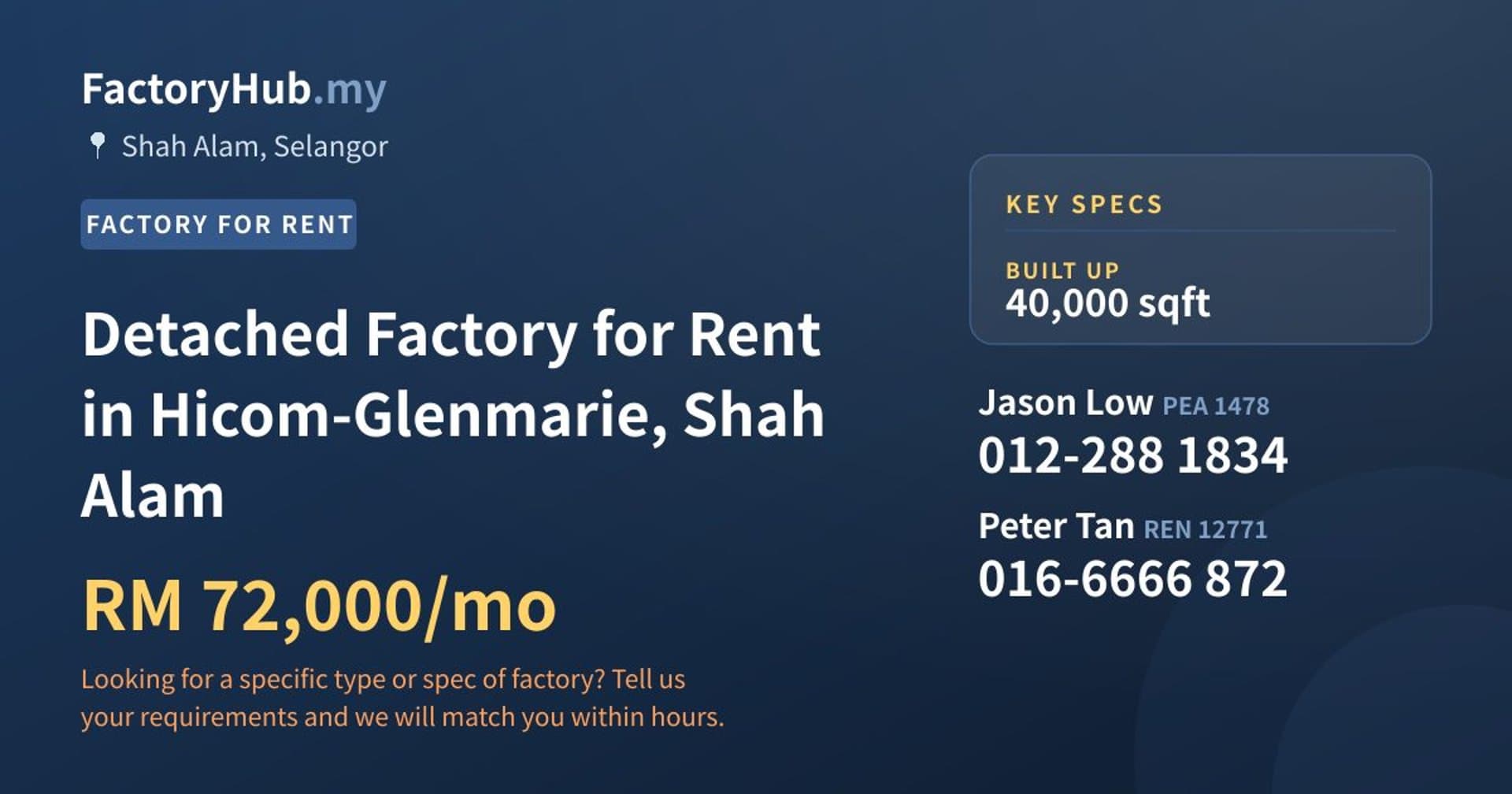 Detached Factory for Rent in Hicom-Glenmarie, Shah Alam - Property image 1 of 2