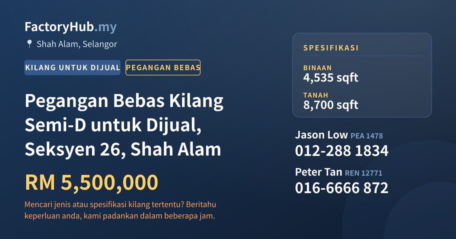 Pegangan Bebas Kilang Semi-D untuk Dijual, Seksyen 26, Shah Alam · Imej hartanah 1/2