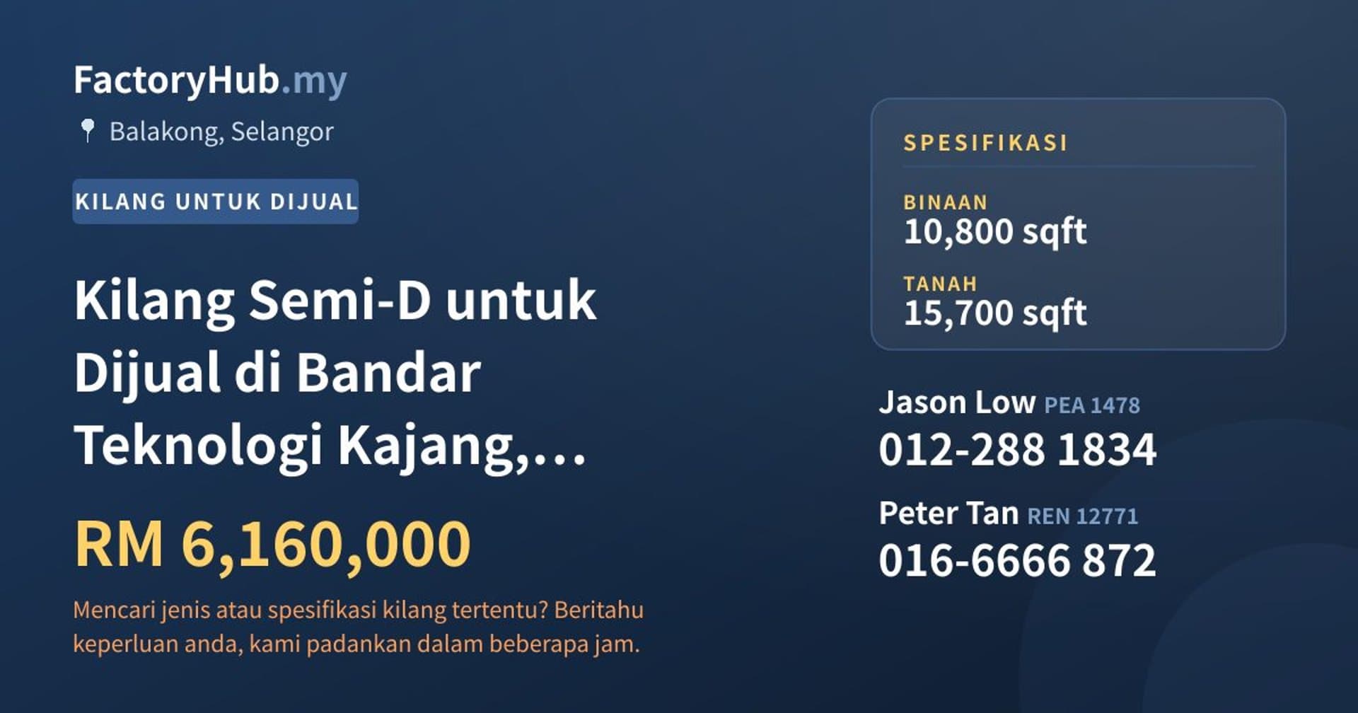 Kilang Semi-D untuk Dijual di Bandar Teknologi Kajang, Balakong · Imej hartanah 1/2