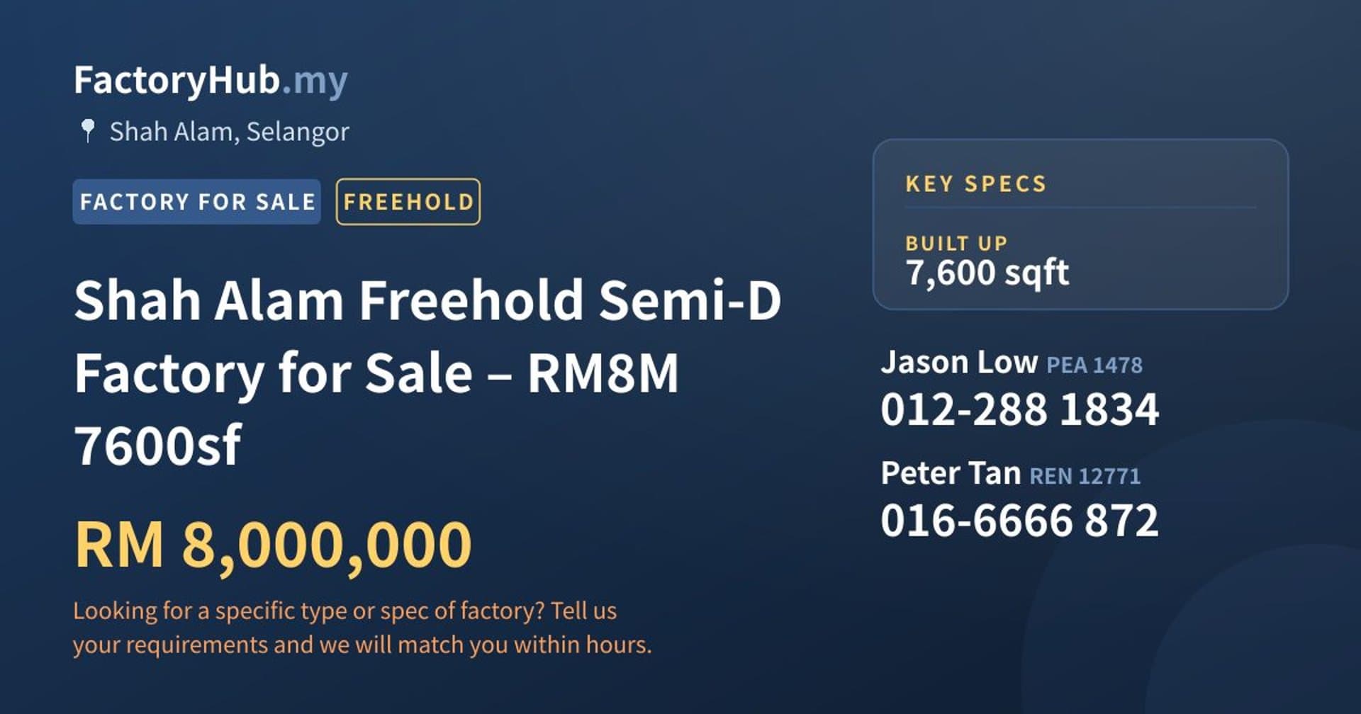 Shah Alam Freehold Semi-D Factory for Sale – RM8M 7600sf - Property image 1 of 9