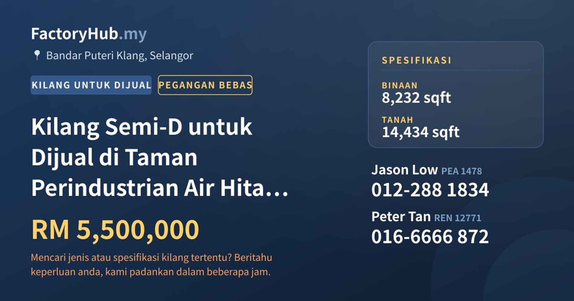 Kilang Semi-D untuk Dijual di Taman Perindustrian Air Hitam, Klang · Imej hartanah 1/2