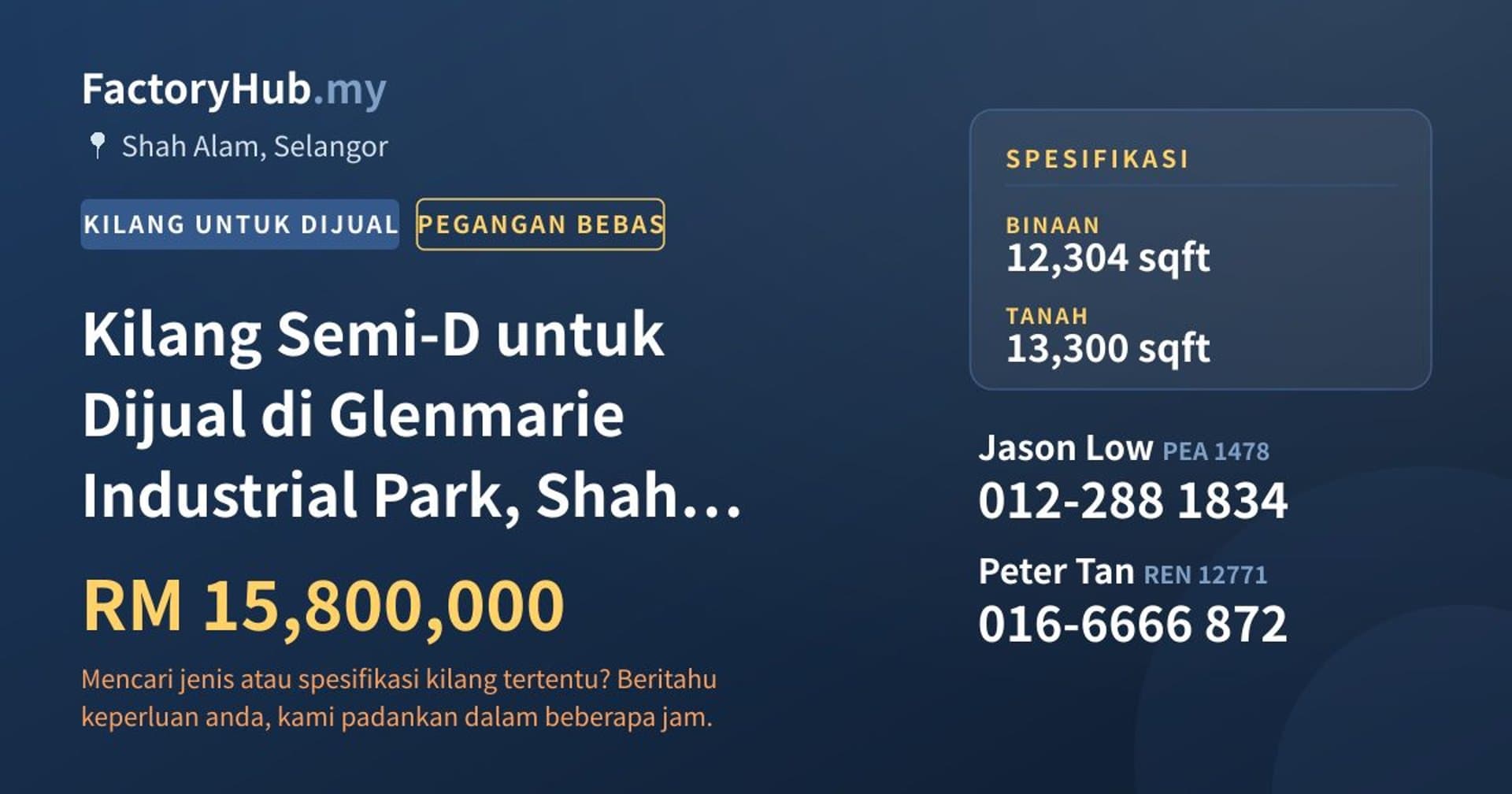 Kilang Semi-D untuk Dijual di Glenmarie Industrial Park, Shah Alam · Imej hartanah 1/2