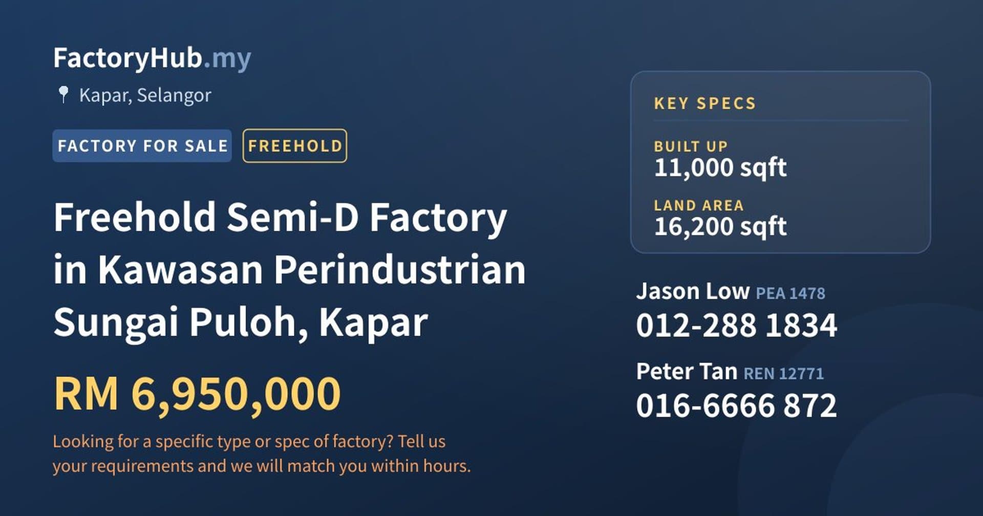 Freehold Semi-D Factory in Kawasan Perindustrian Sungai Puloh, Kapar - Property image 1 of 2