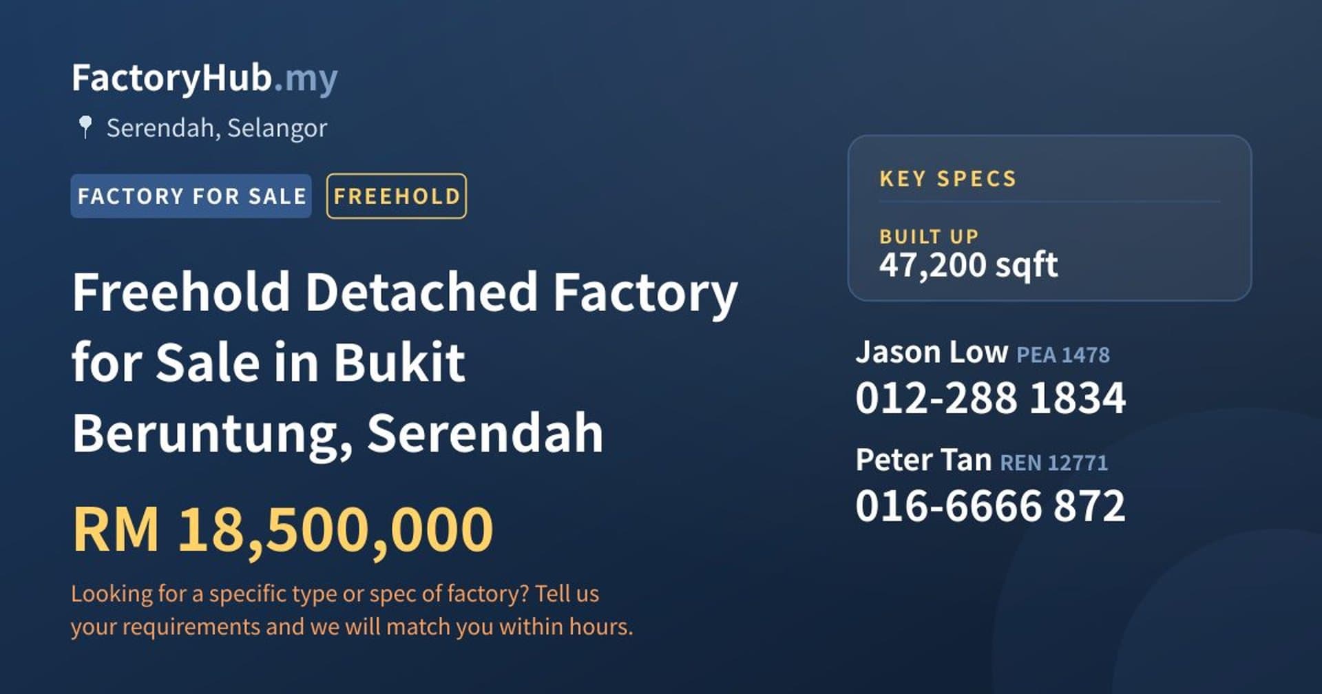 Freehold Detached Factory for Sale in Bukit Beruntung, Serendah - Property image 1 of 2